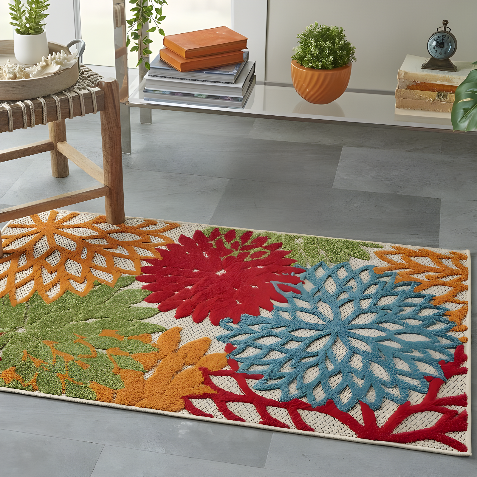 Nourison Aloha Floral Bloom Flatweave High-Low Indoor Outdoor Area Rug Green 2'8" x 4'