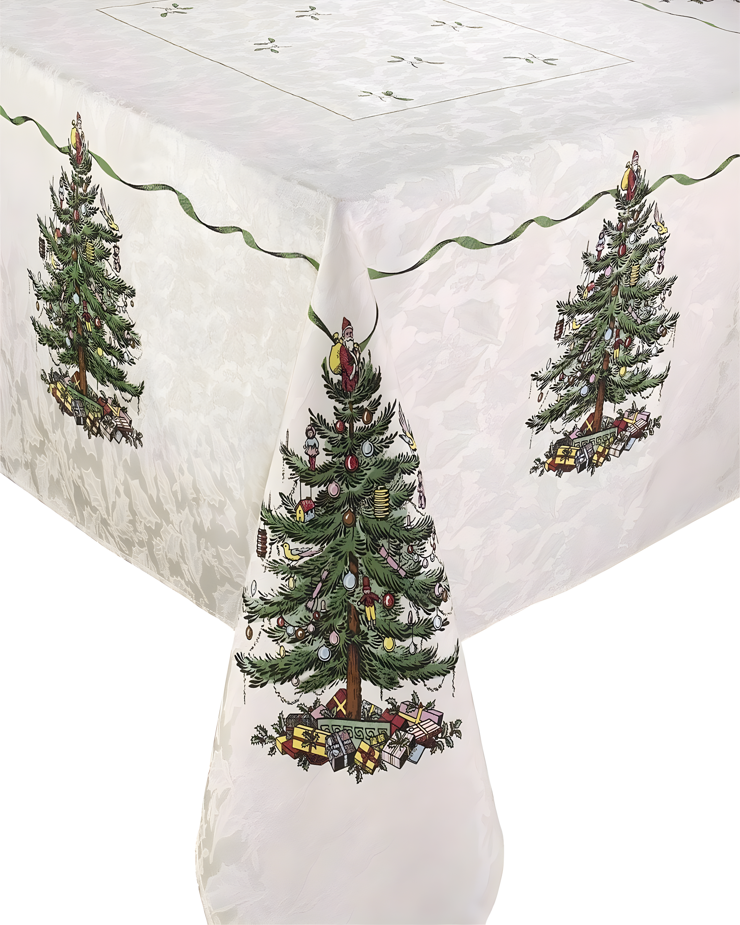 Christmas Tree Green and White Cotton Polyester Tablecloth