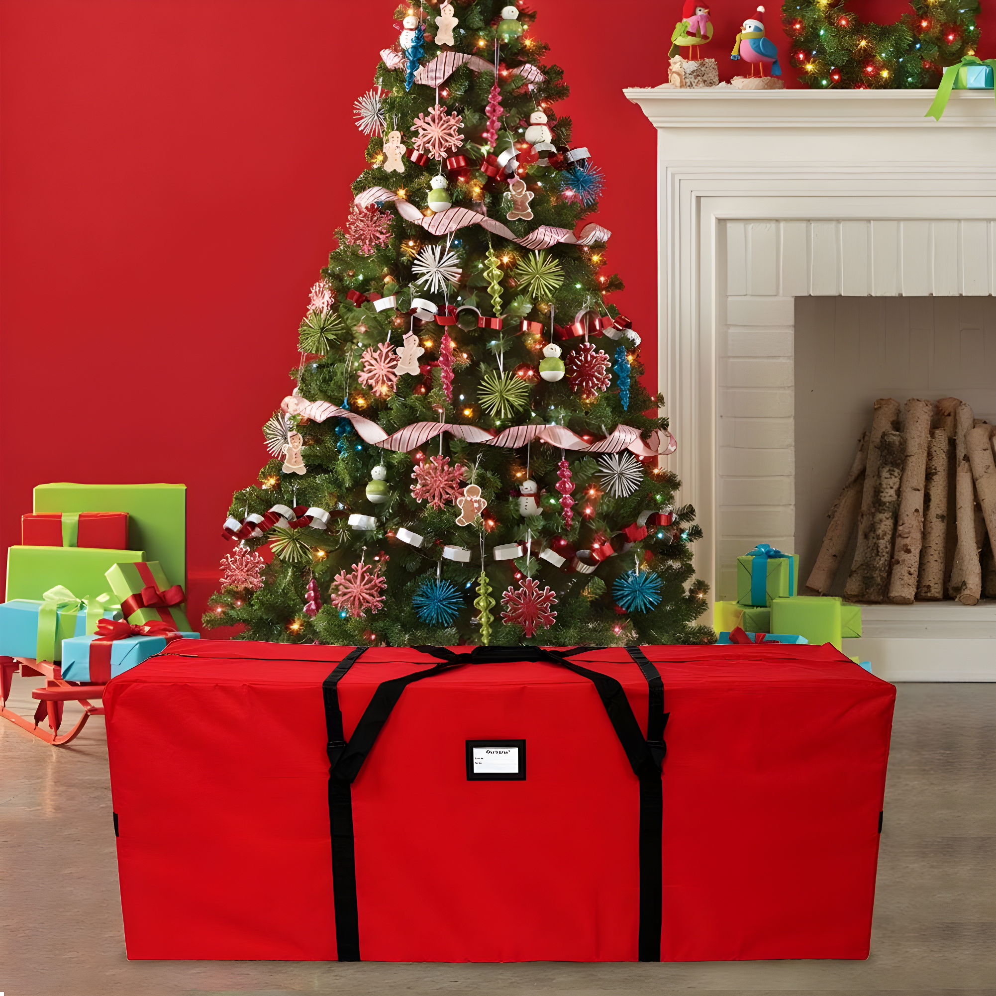 OurWarm Christmas Tree Storage Bag Extra Large Heavy Duty Storage Containers for 8 Ft Artificial Tree 600D Oxford Xmas Holiday Tree Storage Bags with Reinforced Handles Zipper, Red 50" x 15" x 20"