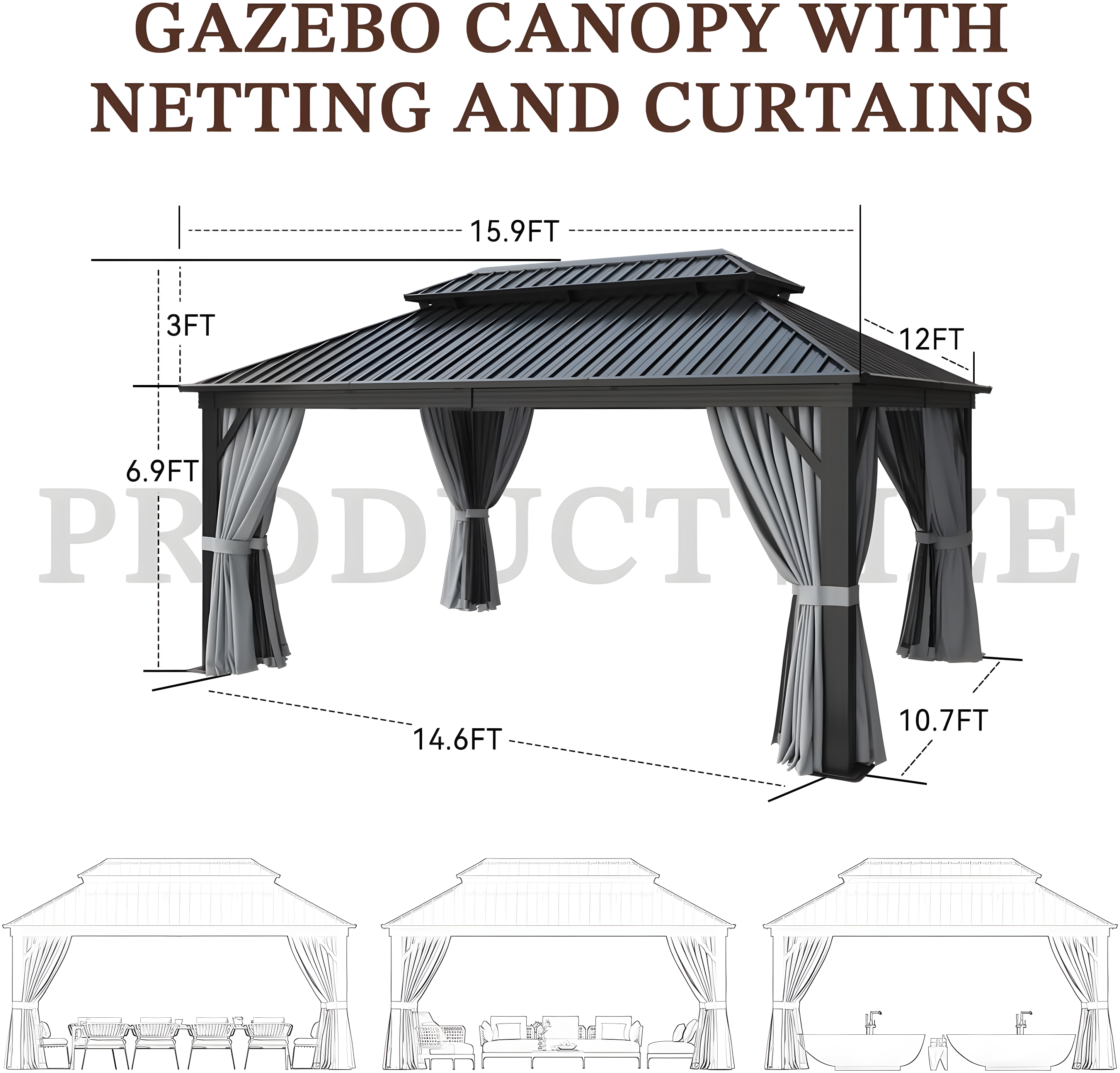 Kozyard Kozyard Alexander Gray Double Roof Hardtop Gazebo with Privacy Curtain Mosquito Netting