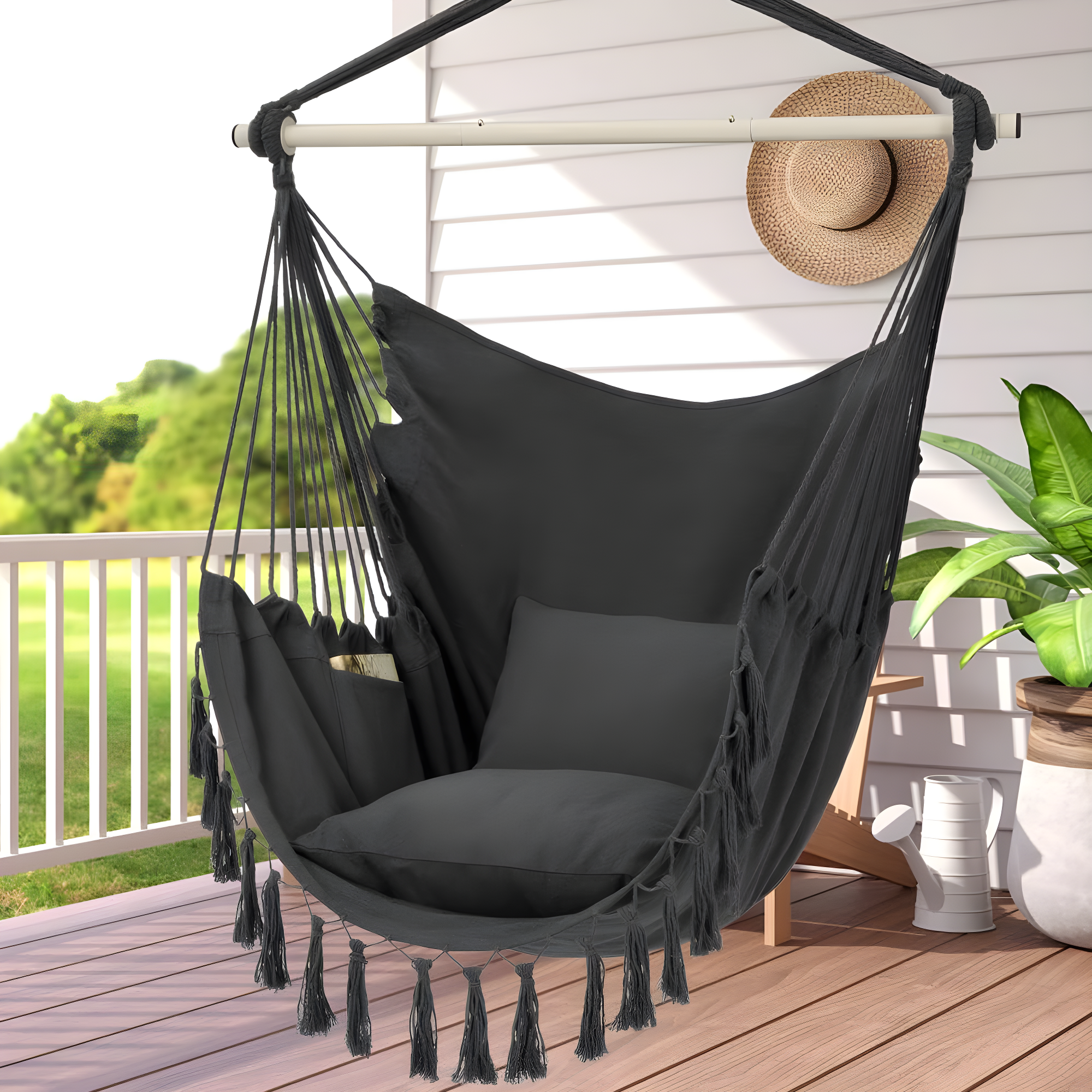 Y- STOP Hammock Chair Hanging Rope Swing, Max 500 Lbs, 2 Cushions Included, Large Macrame Hanging Chair with Pocket, Cotton Weave for Superior Comfort, Durability (Dark Grey)