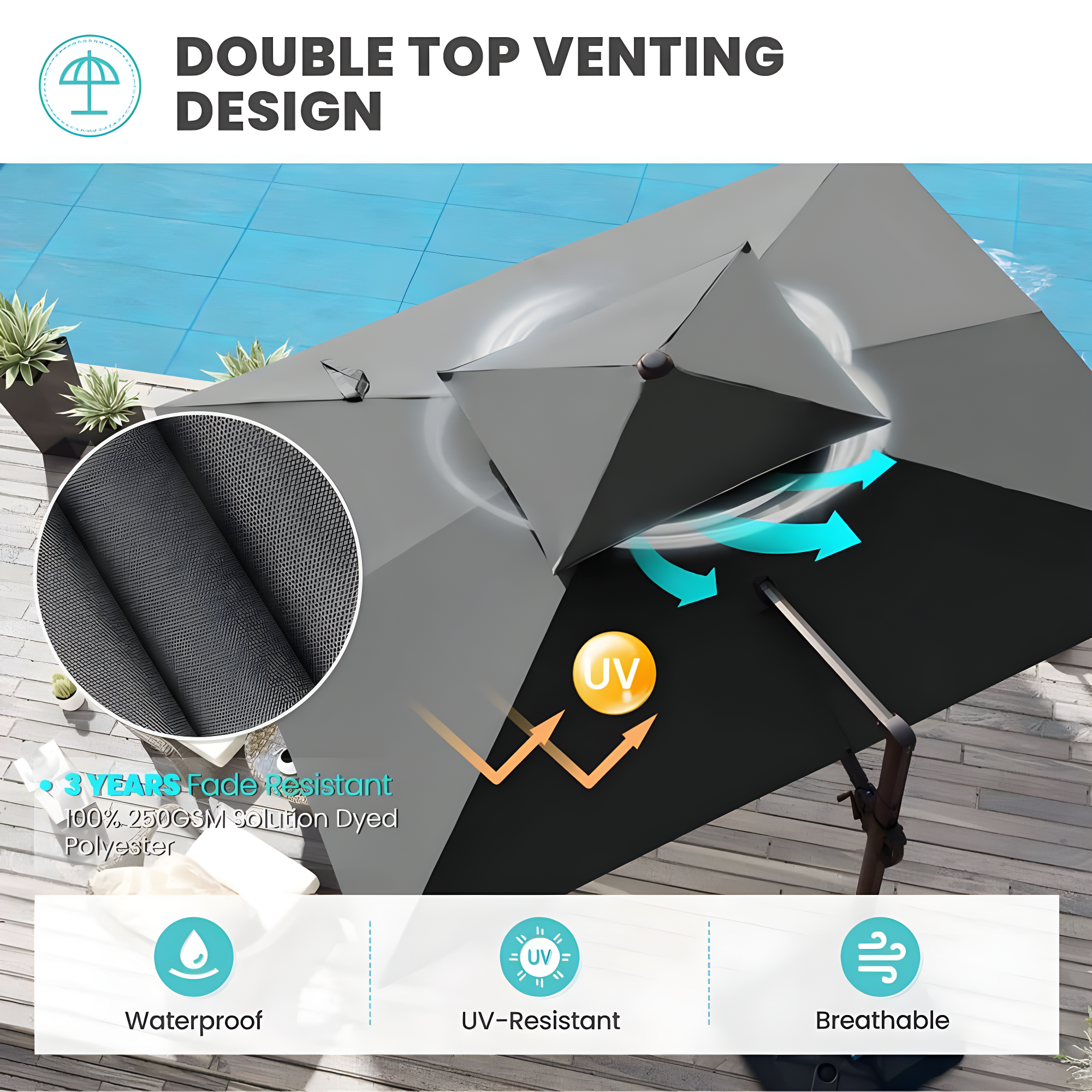 Crestlive Products Outdoor Rectangular Patio Offset Cantilever Umbrella with 360-degree Rotation and 6 Shade Angles Grey