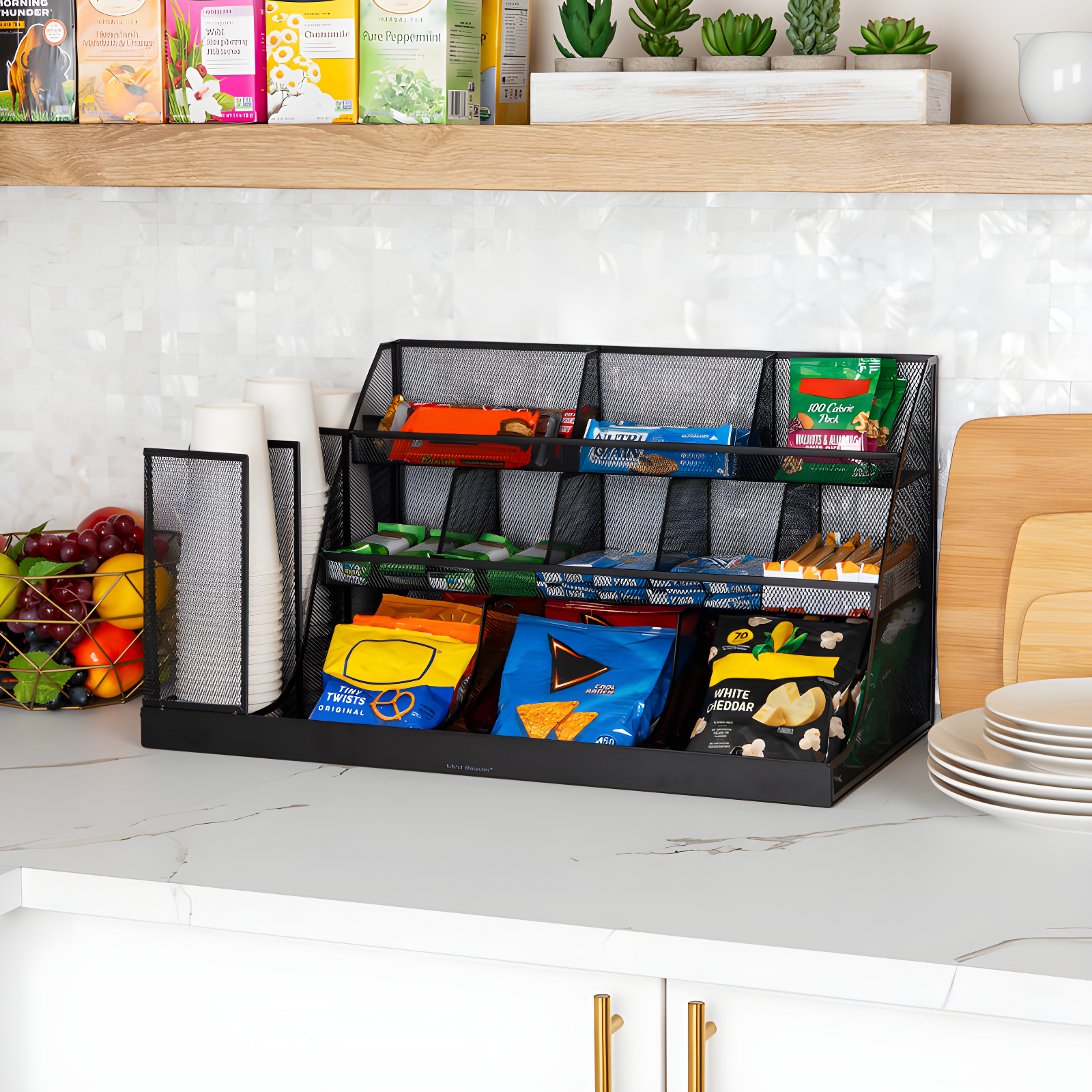 Mind Reader Cup and Condiment Station, Countertop Org, Coffee Bar, Kitchen, Metal Mesh, 23.75"L x 11.5"W x 12.5"H
