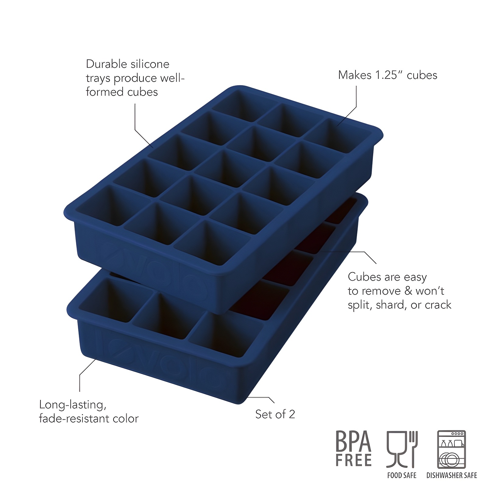 Tovolo Perfect Cube Silicone Ice Mold Freezer Tray Of 1.25" Cubes For Whiskey, Bourbon, Spirits & Liquor, BPA-Free Silicone, Fade Resistant (Set of 2)