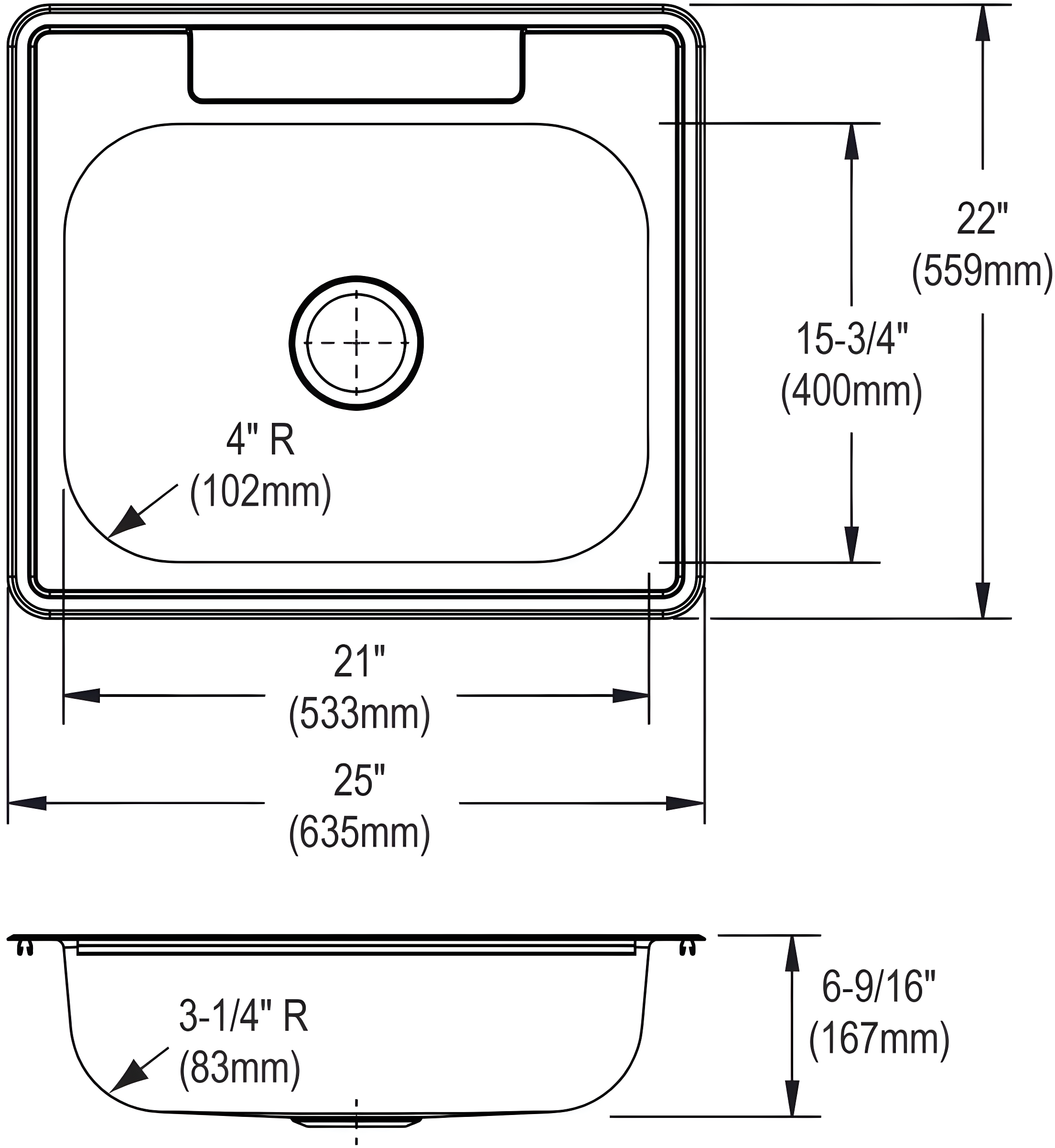 Dayton D125223 Single Bowl Drop-in Stainless Steel Sink, , 25 x 22 22 Gauge 3 Faucet Holes