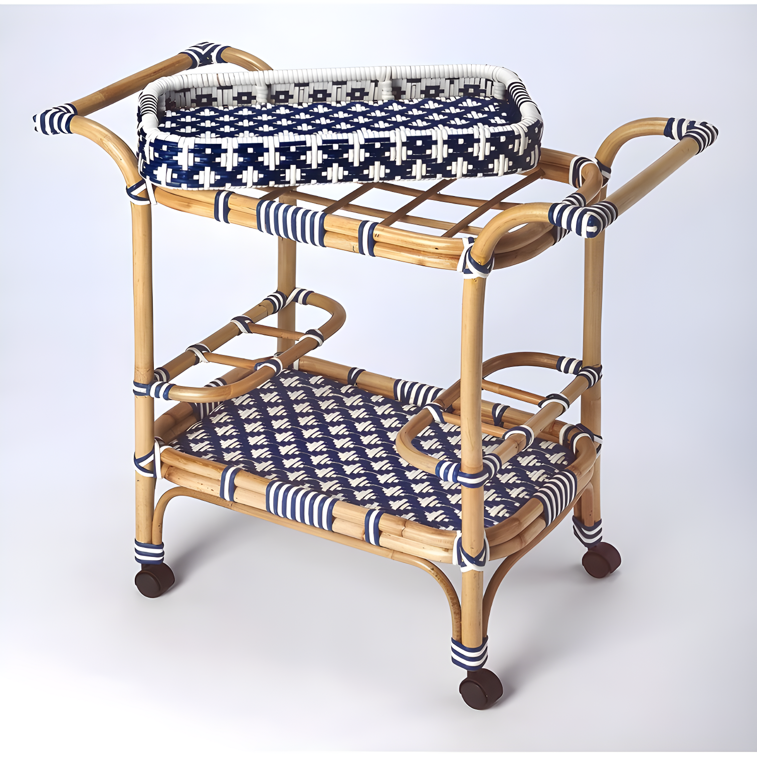 Butler Specialty Selena Rattan Bar Cart In Blue And White