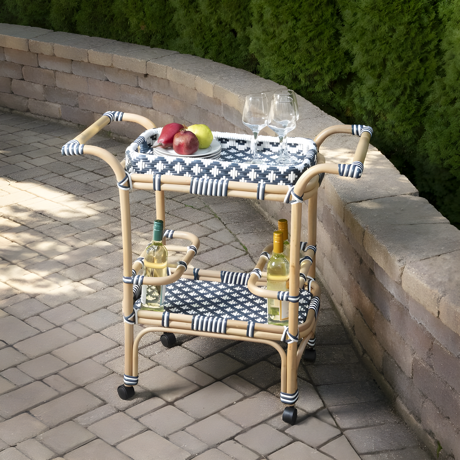 Butler Specialty Selena Rattan Bar Cart In Blue And White