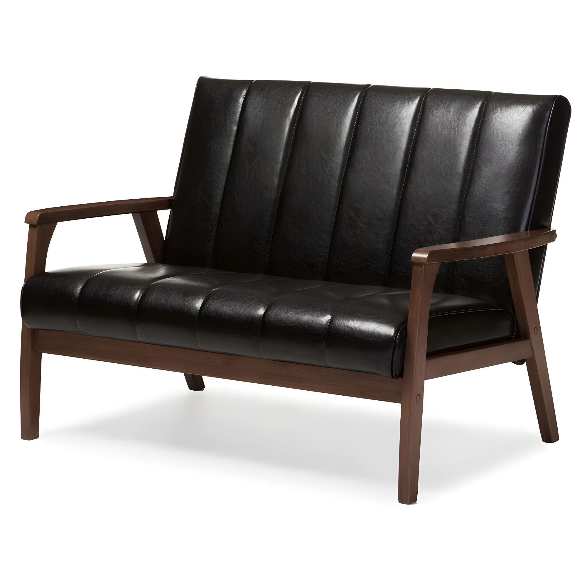 Nikko Mid-Century Modern Scandinavian Style Faux Leather Wooden 2 Seater Loveseat Dark Brown - Baxton Studio: Compact, Rubberwood Frame, Easy to Clean