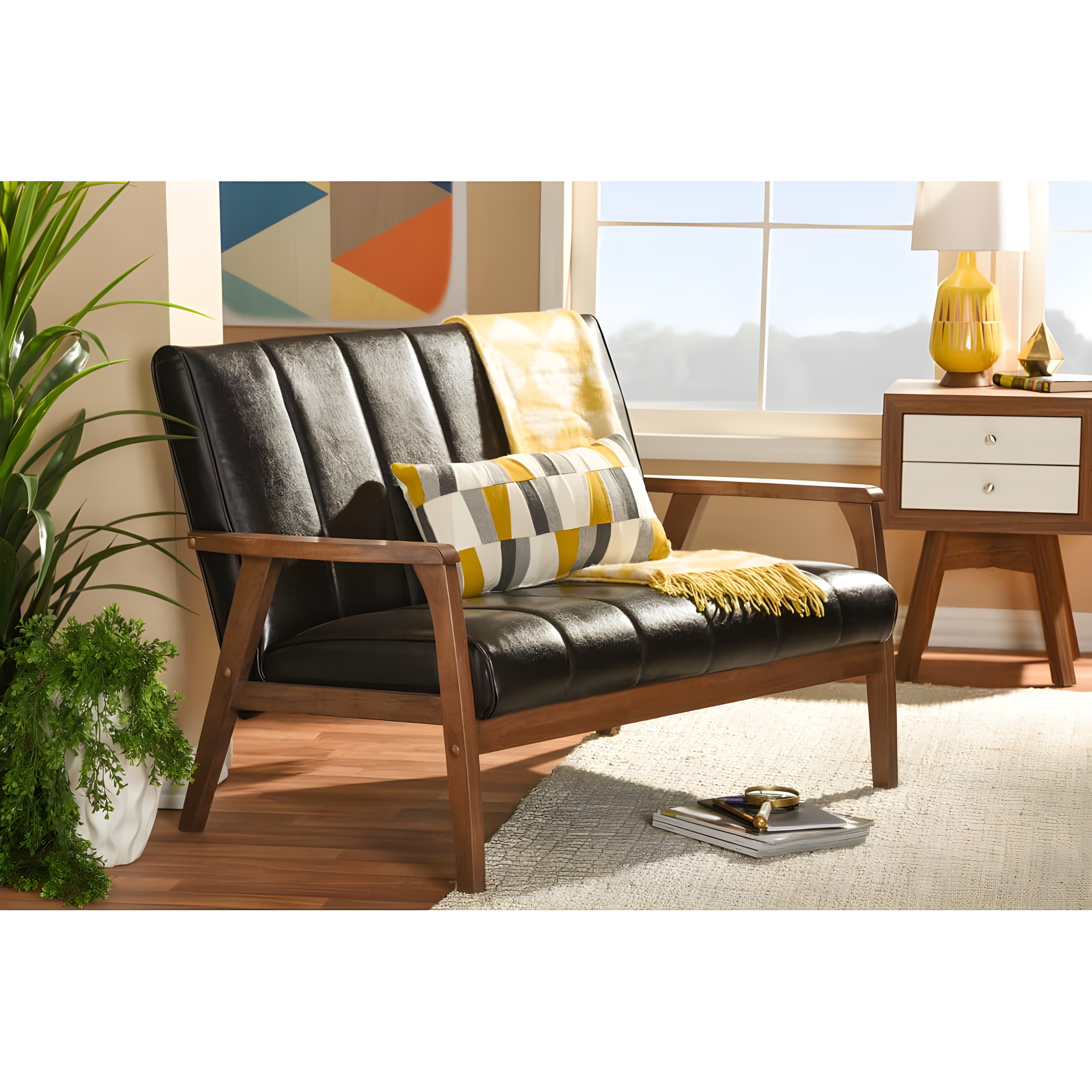 Nikko Mid-Century Modern Scandinavian Style Faux Leather Wooden 2 Seater Loveseat Dark Brown - Baxton Studio: Compact, Rubberwood Frame, Easy to Clean