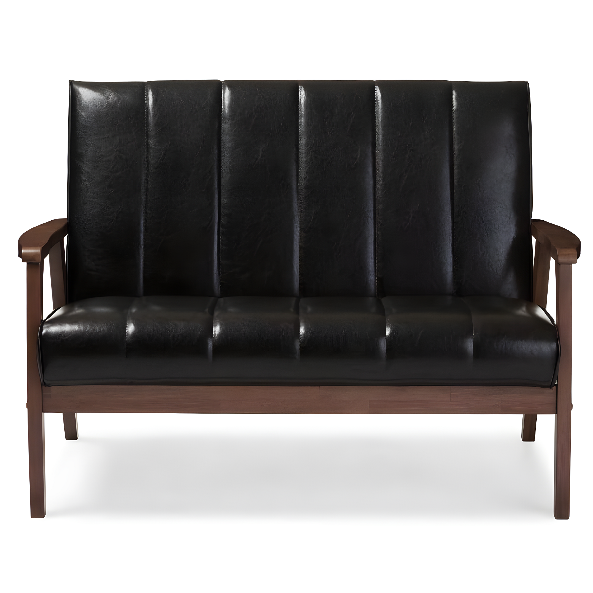 Nikko Mid-Century Modern Scandinavian Style Faux Leather Wooden 2 Seater Loveseat Dark Brown - Baxton Studio: Compact, Rubberwood Frame, Easy to Clean