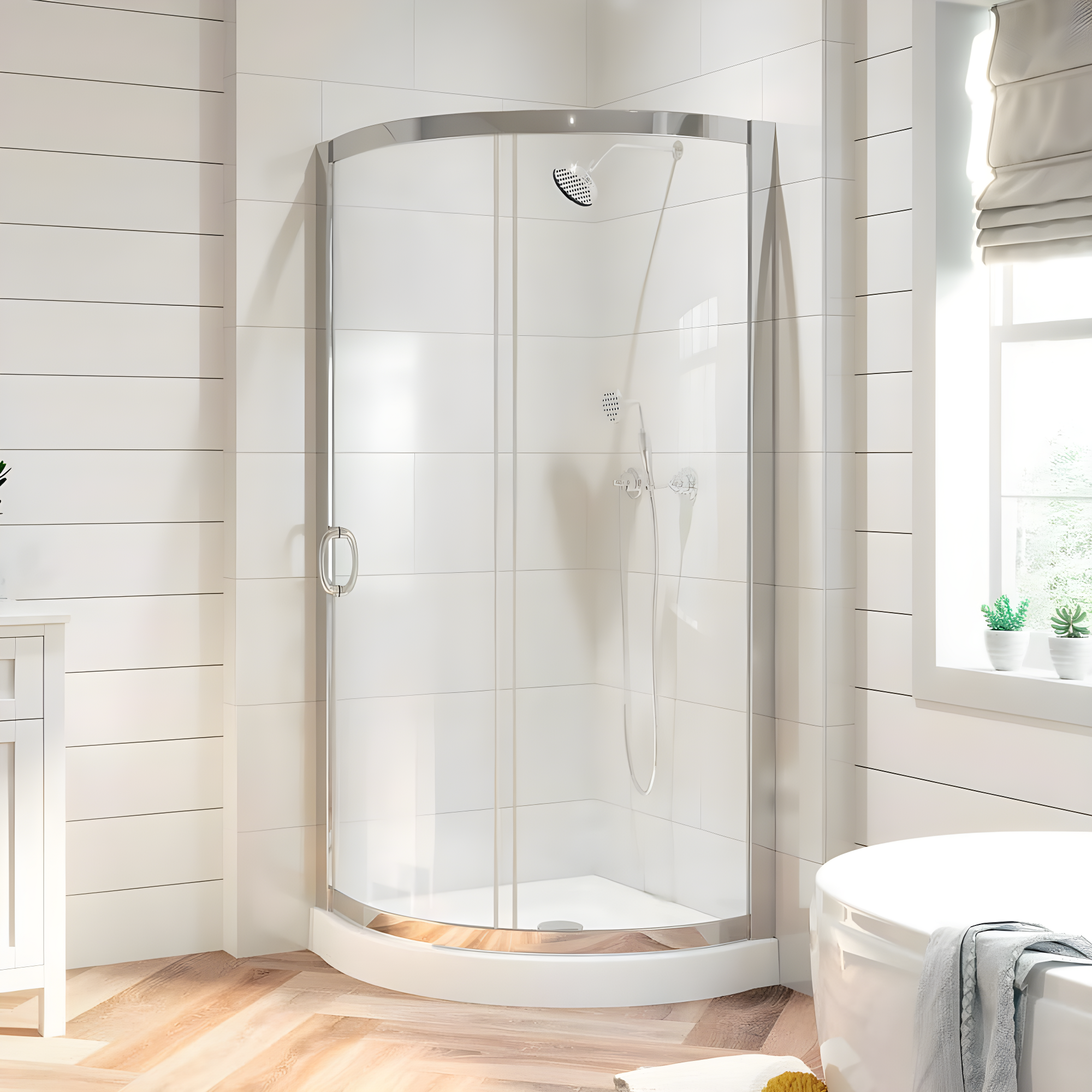 OVE Decors Breeze Premium 33 in. Framed Round Shower Kit w/ Clear Glass, Base