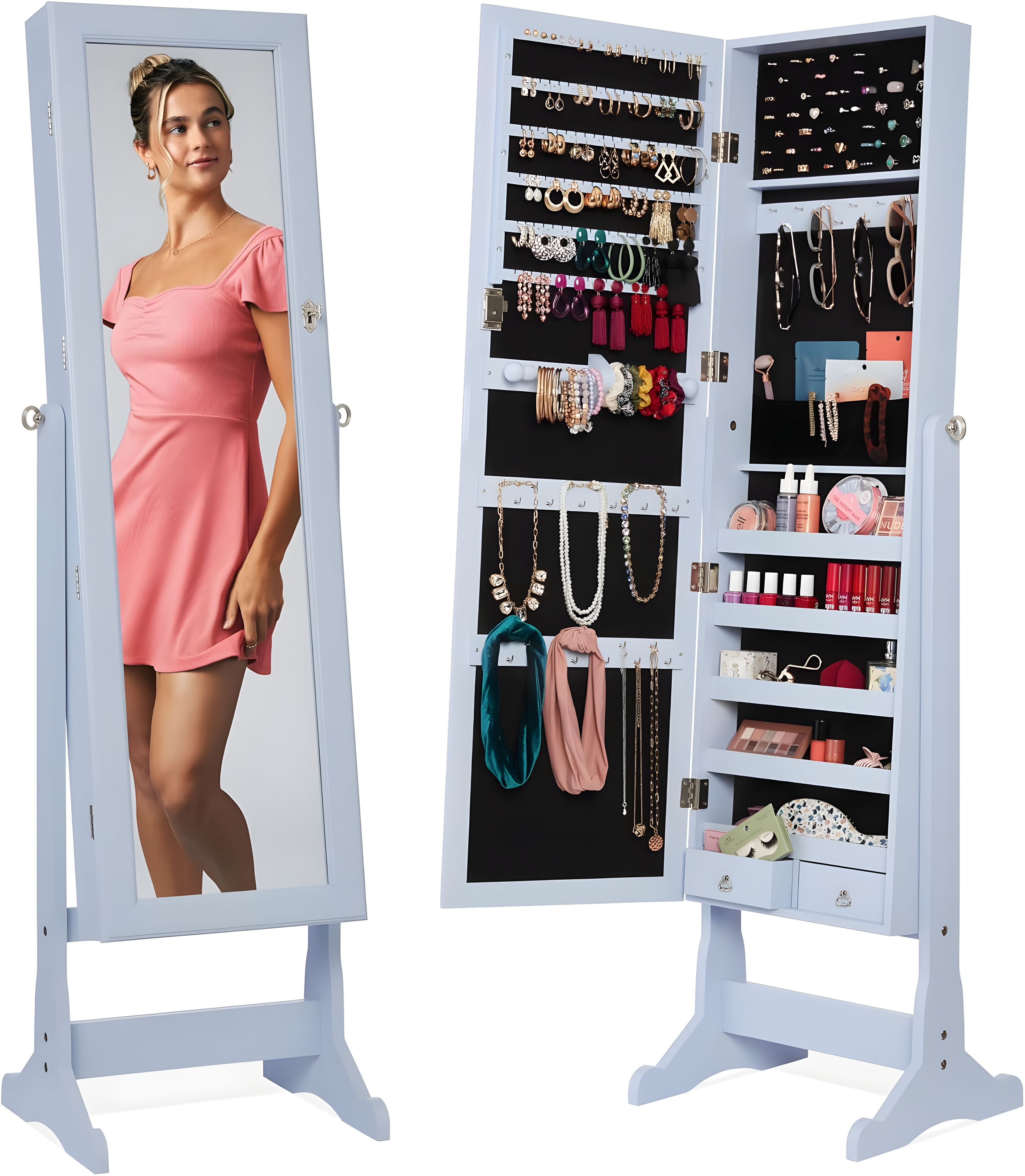 Best Choice Products Jewelry Armoire Cabinet, Full Length Mirror w/ Velvet Storage Interior, Lock - Powder Blue