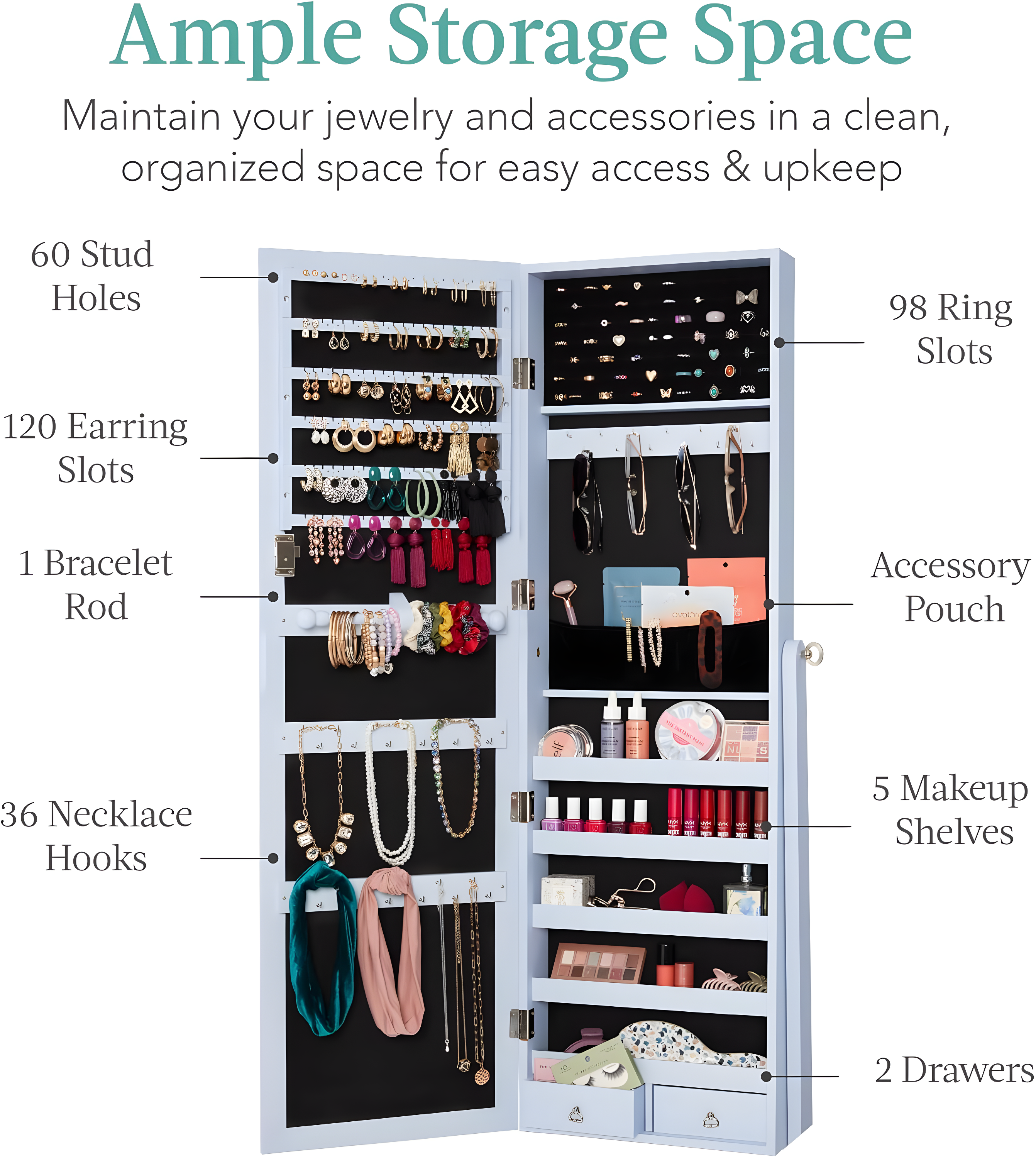 Best Choice Products Jewelry Armoire Cabinet, Full Length Mirror w/ Velvet Storage Interior, Lock - Powder Blue