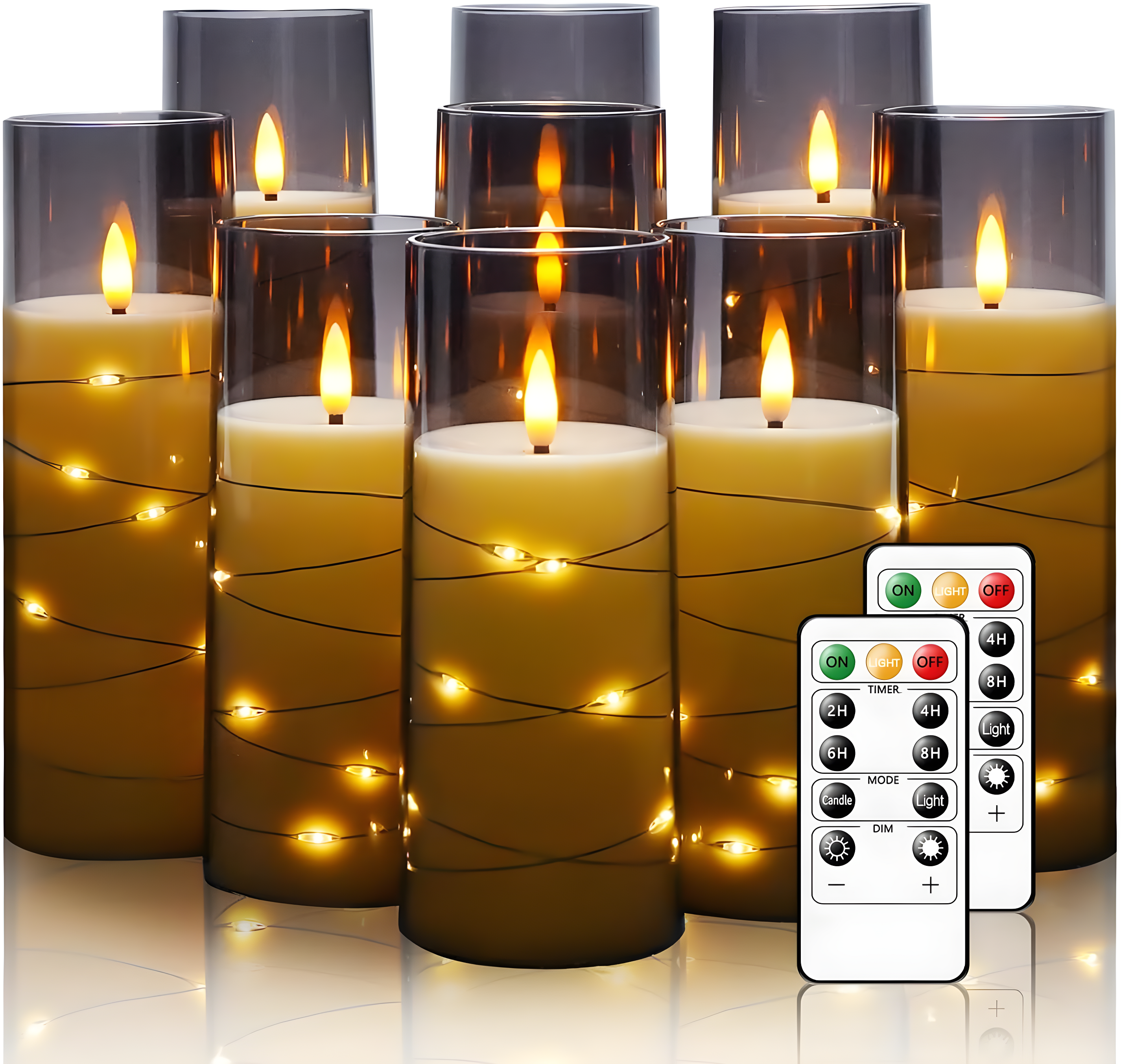 Raycare Flameless LED Candles with Embedded Star String, 9 Pcs Battery Operated Acrylic Pillar Candles with Timer and Remote, Flickering for Romantic Ambiance and Home Decoration (Grey)