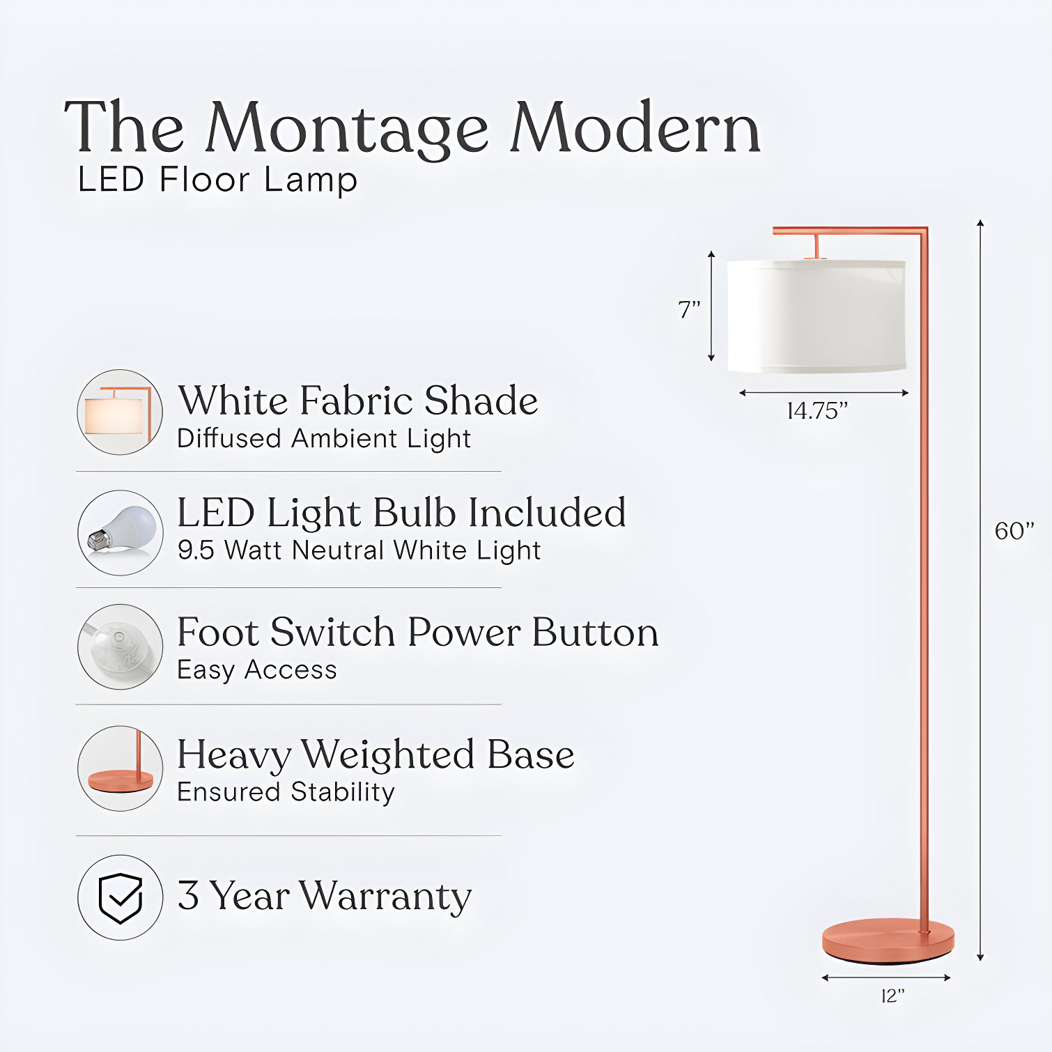 Montage Modern 60 in. Mid-Century Modern LED Floor Lamp with Fabric Drum Shade