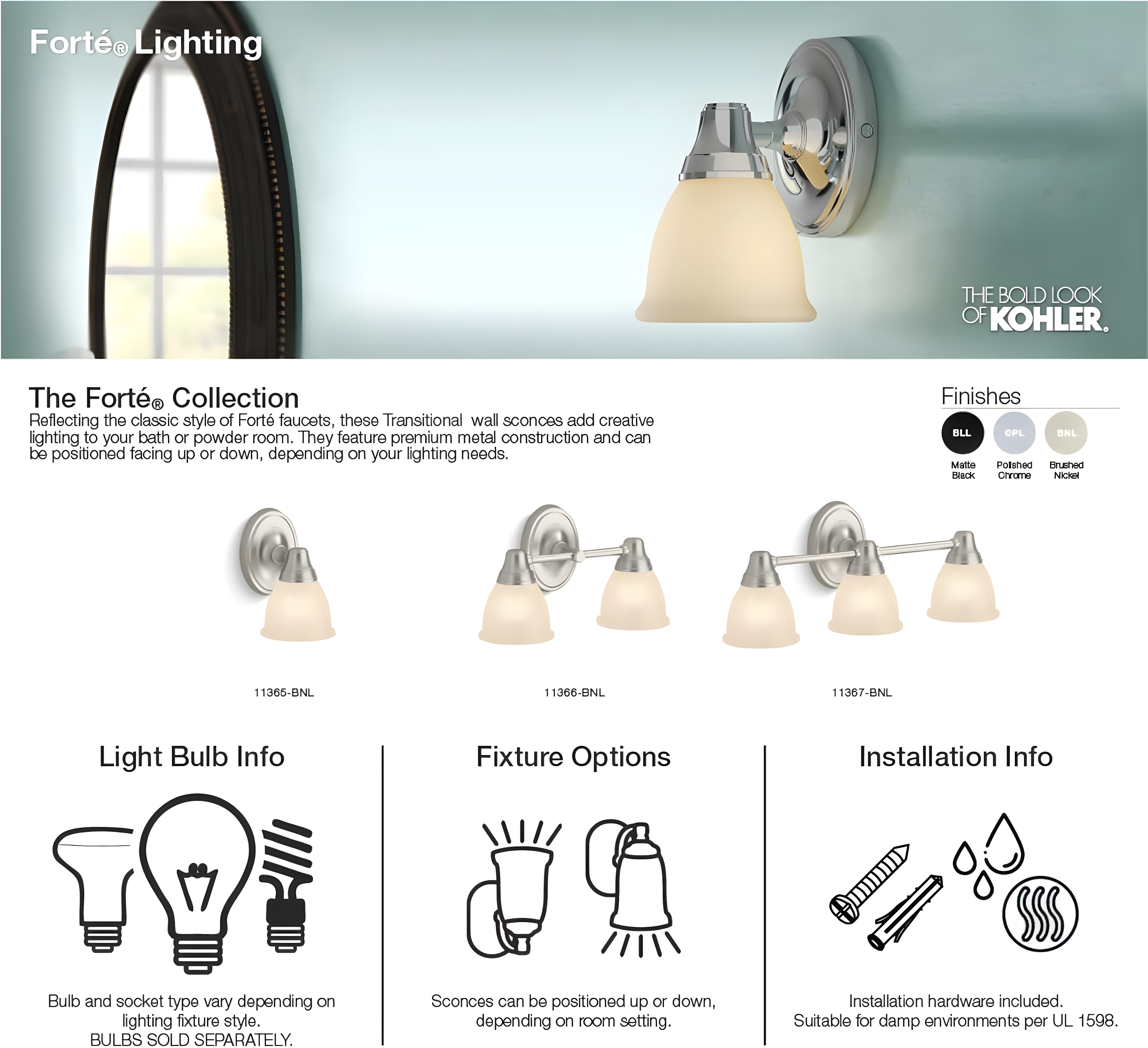 Forte 2 Light Indoor Bathroom Vanity Light Fixture, Position Facing Up or Down, UL Listed