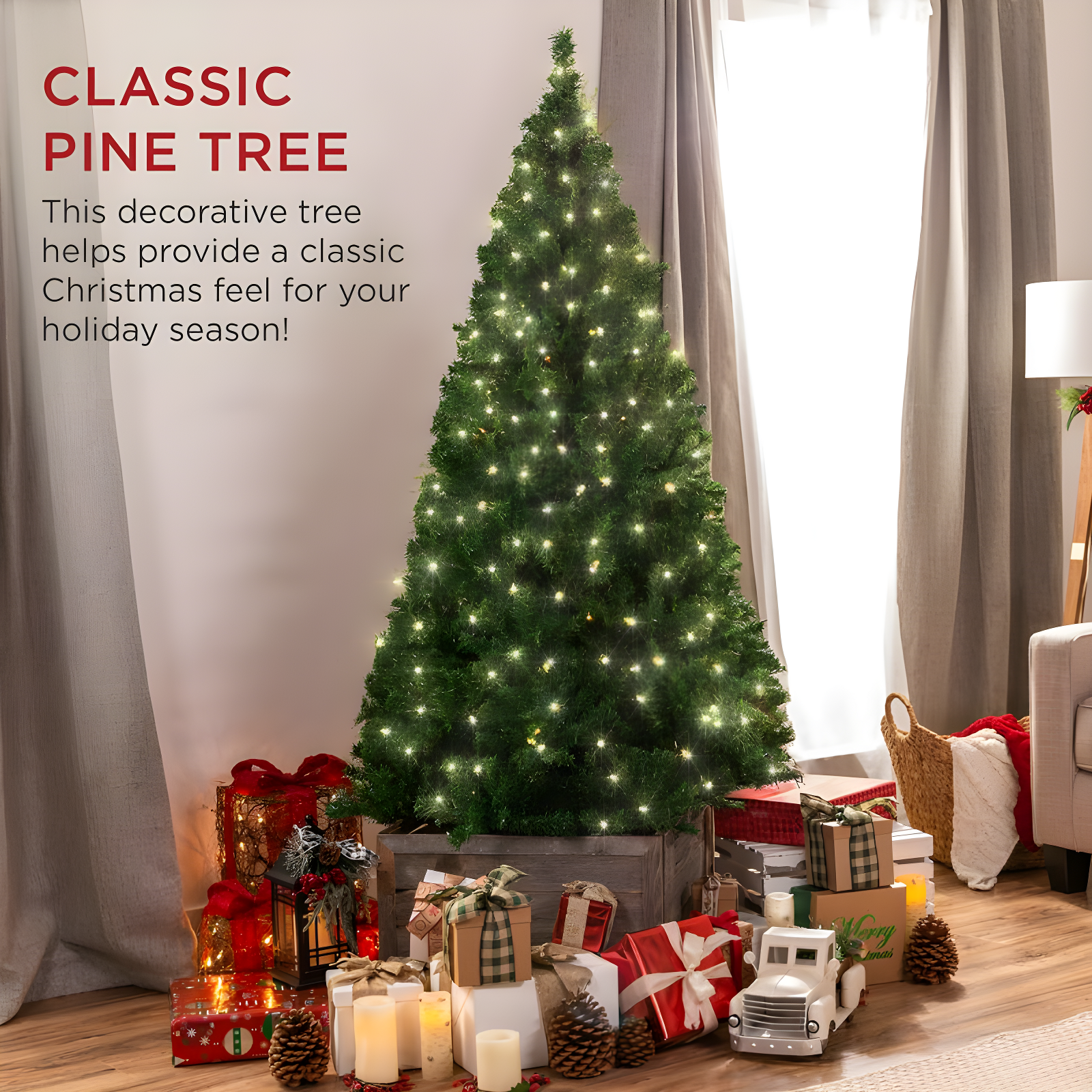 Best Choice Products 6ft Pre-Lit Premium Hinged Artificial Christmas Pine Tree w/ 1,000 Tips, 250 Lights, Metal Base