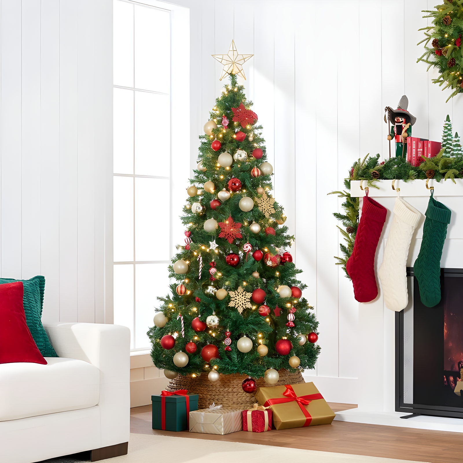 Best Choice Products 6ft Pre-Lit Premium Hinged Artificial Christmas Pine Tree w/ 1,000 Tips, 250 Lights, Metal Base