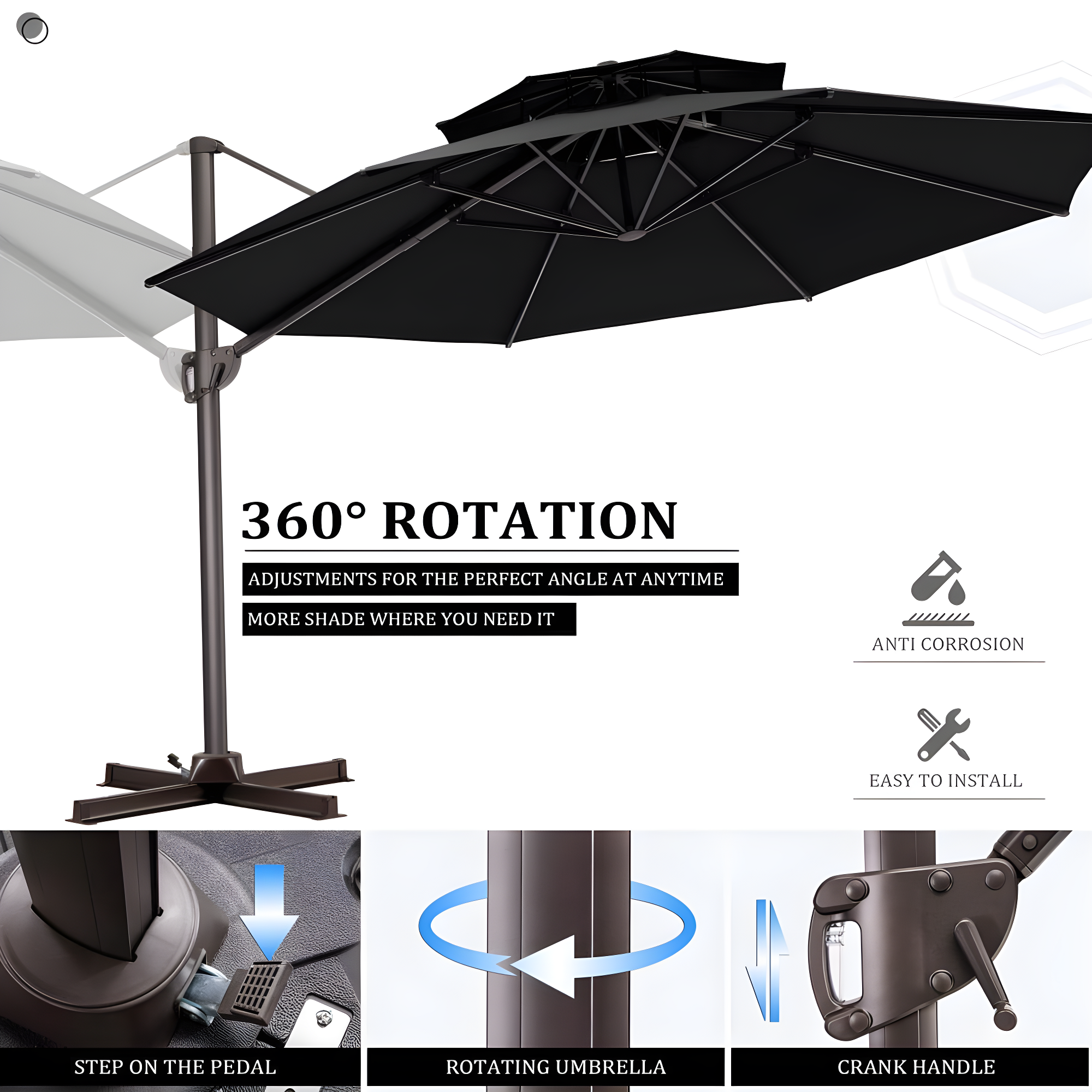Pellebant  11' Outdoor Patio Cantilever Offset Umbrella Round, Base Not Included Black