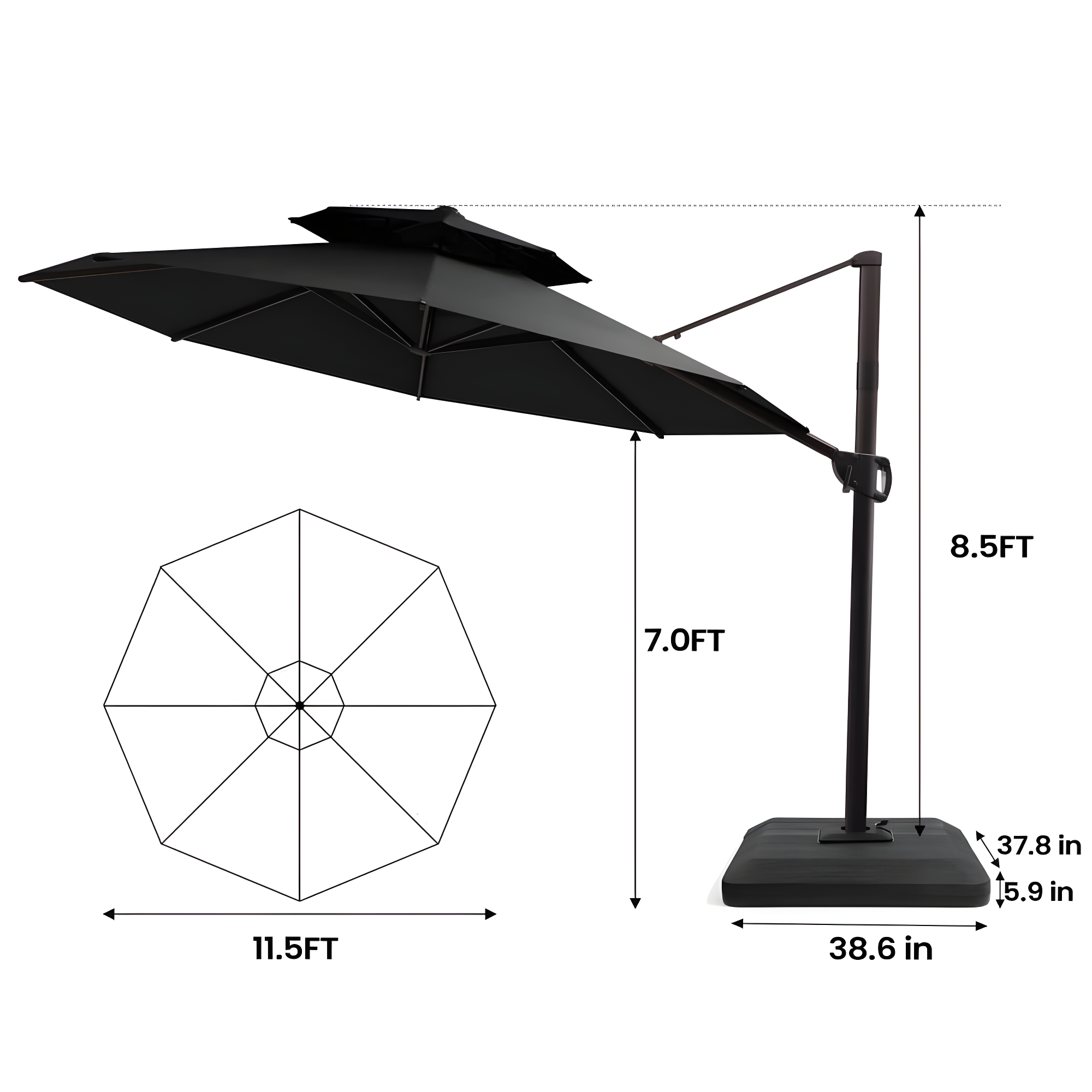 Pellebant  11' Outdoor Patio Cantilever Offset Umbrella Round, Base Not Included Black