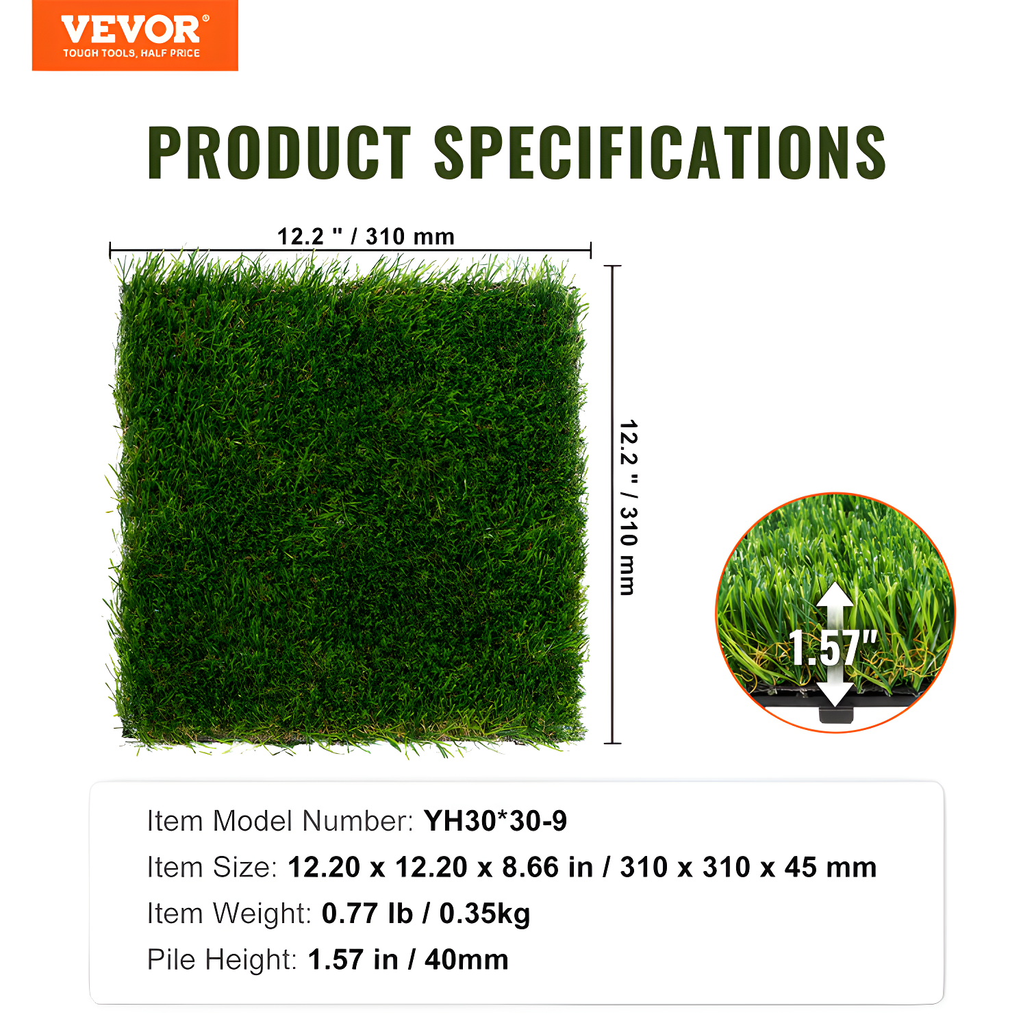VEVOR 12" x 12" Artificial Grass Turf Panels (Set of 9)