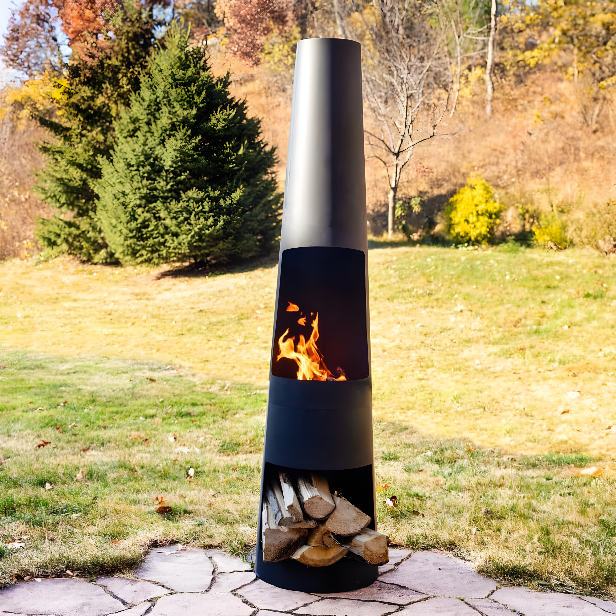17 Stories 59" Black Finish Steel Outdoor Chiminea Fire Pit with Built-In Log Holder