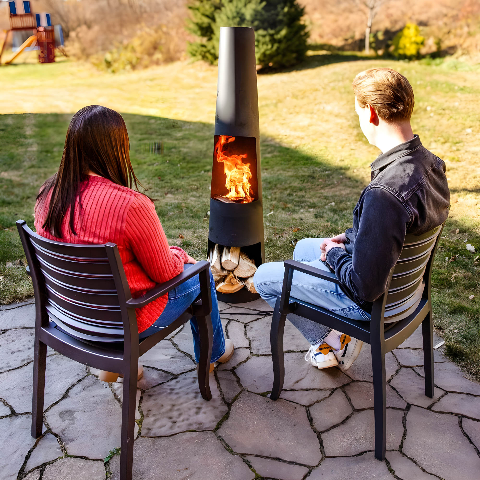 17 Stories 59" Black Finish Steel Outdoor Chiminea Fire Pit with Built-In Log Holder