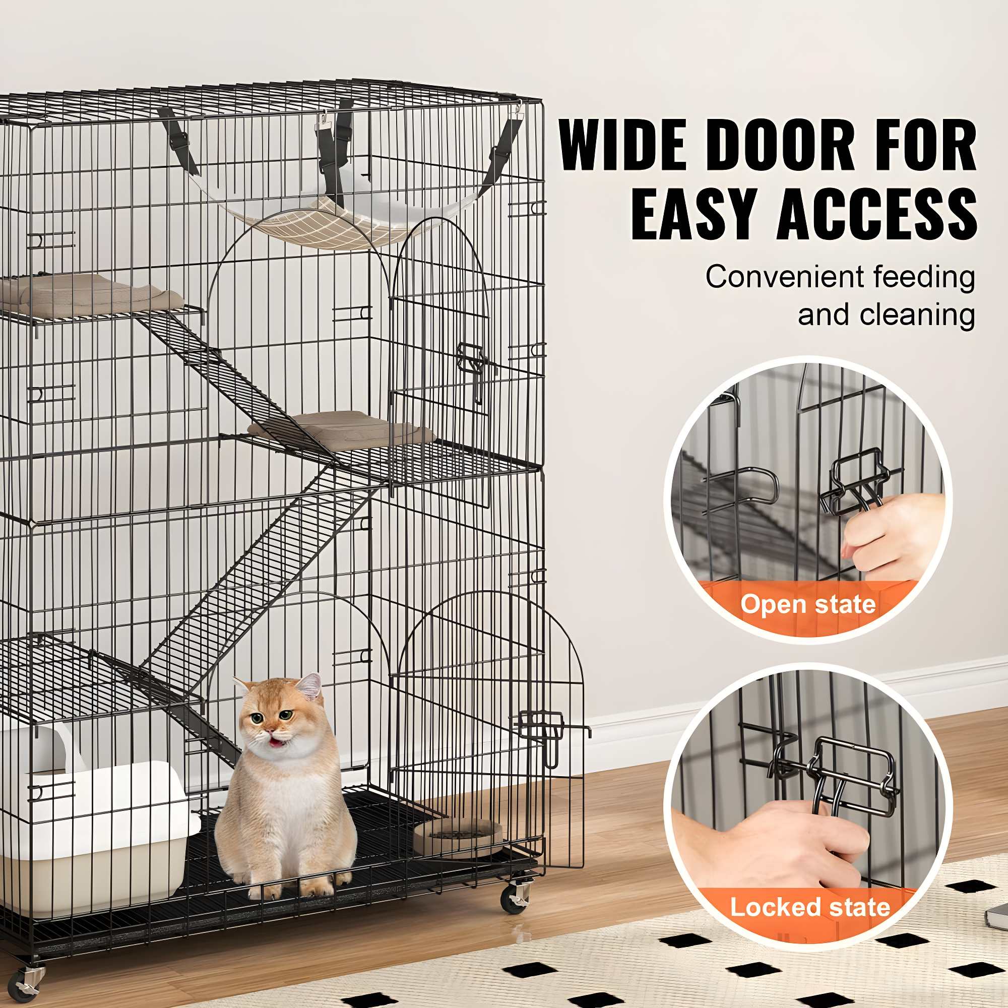 VEVOR Cat Cage Indoor Catio Cat Enclosure, Large Cat House on Rotating Wheels, 4-Tier Pet Playpen, Cat Crate Cat Kennel, 35.4" L x 23.6" W x 51" H