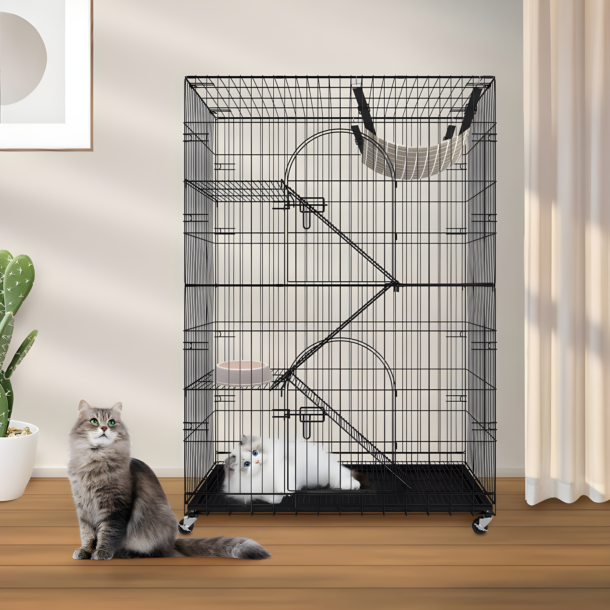 VEVOR Cat Cage Indoor Catio Cat Enclosure, Large Cat House on Rotating Wheels, 4-Tier Pet Playpen, Cat Crate Cat Kennel, 35.4" L x 23.6" W x 51" H