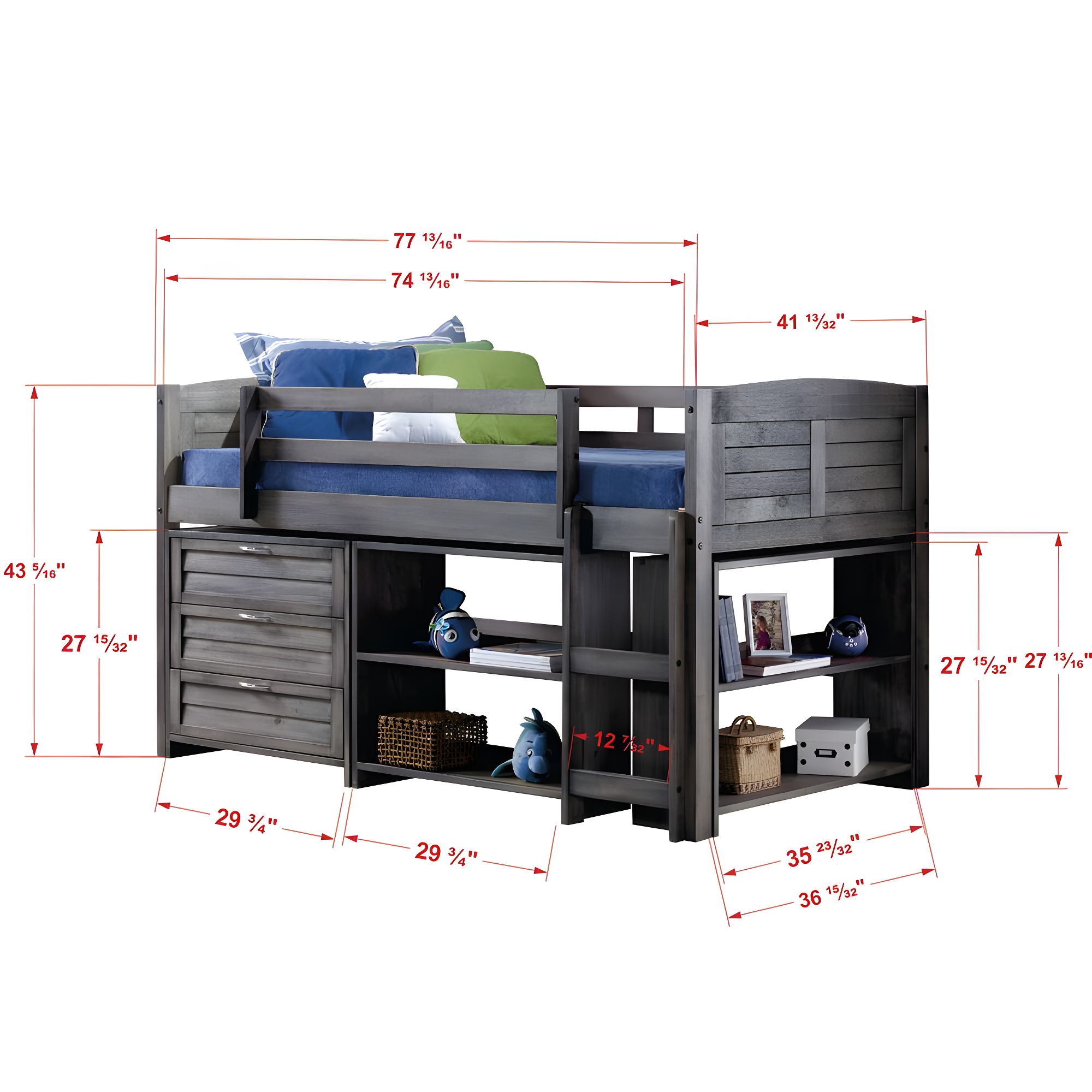 Donco Kids Louver Twin Antique Grey Modular Low Loft Bed - Group A