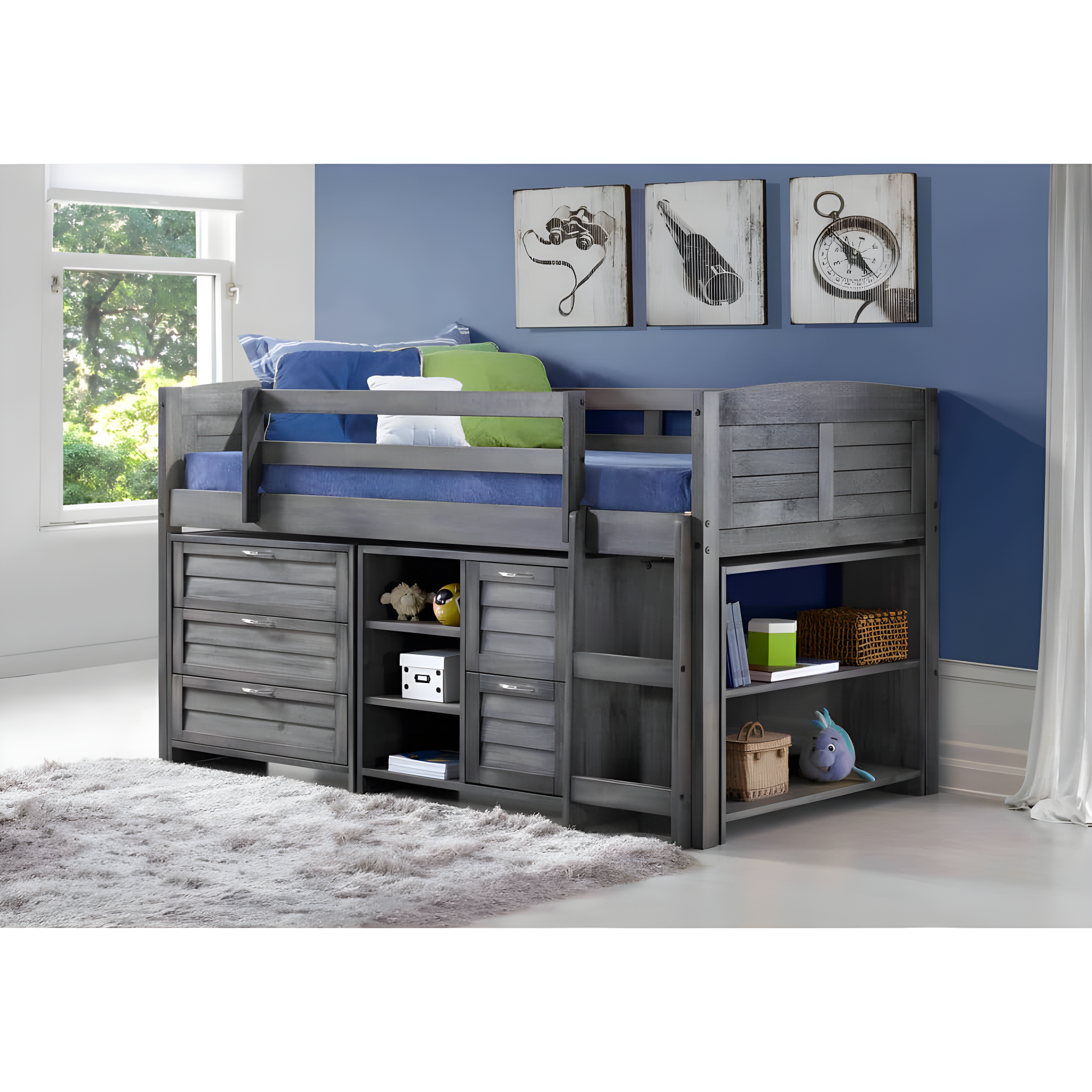 Donco Kids Louver Twin Antique Grey Modular Low Loft Bed - Group A