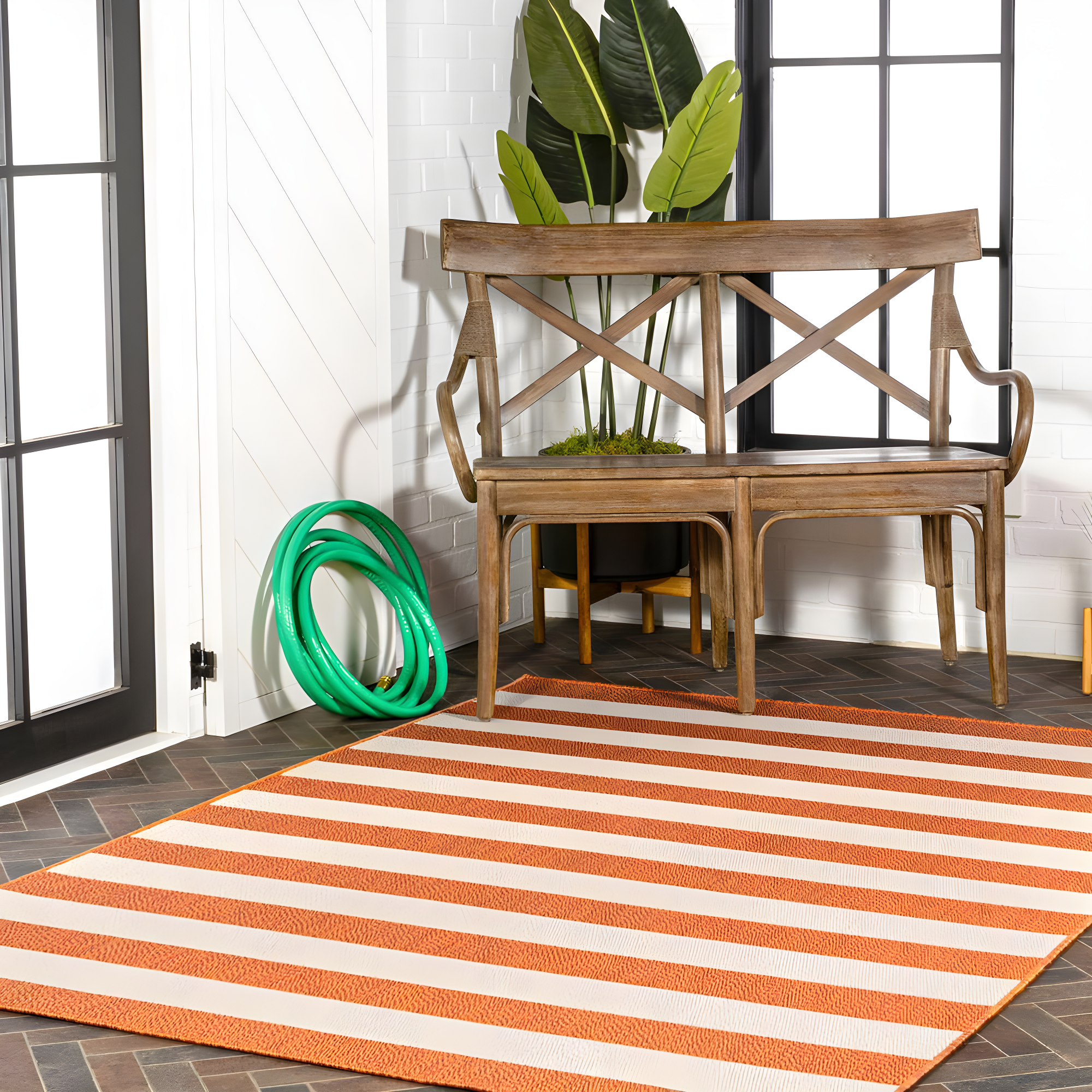 3' x 5' Negril Two-Tone Wide Stripe Indoor/Outdoor Area Rug, Orange/Beige - JONATHAN Y