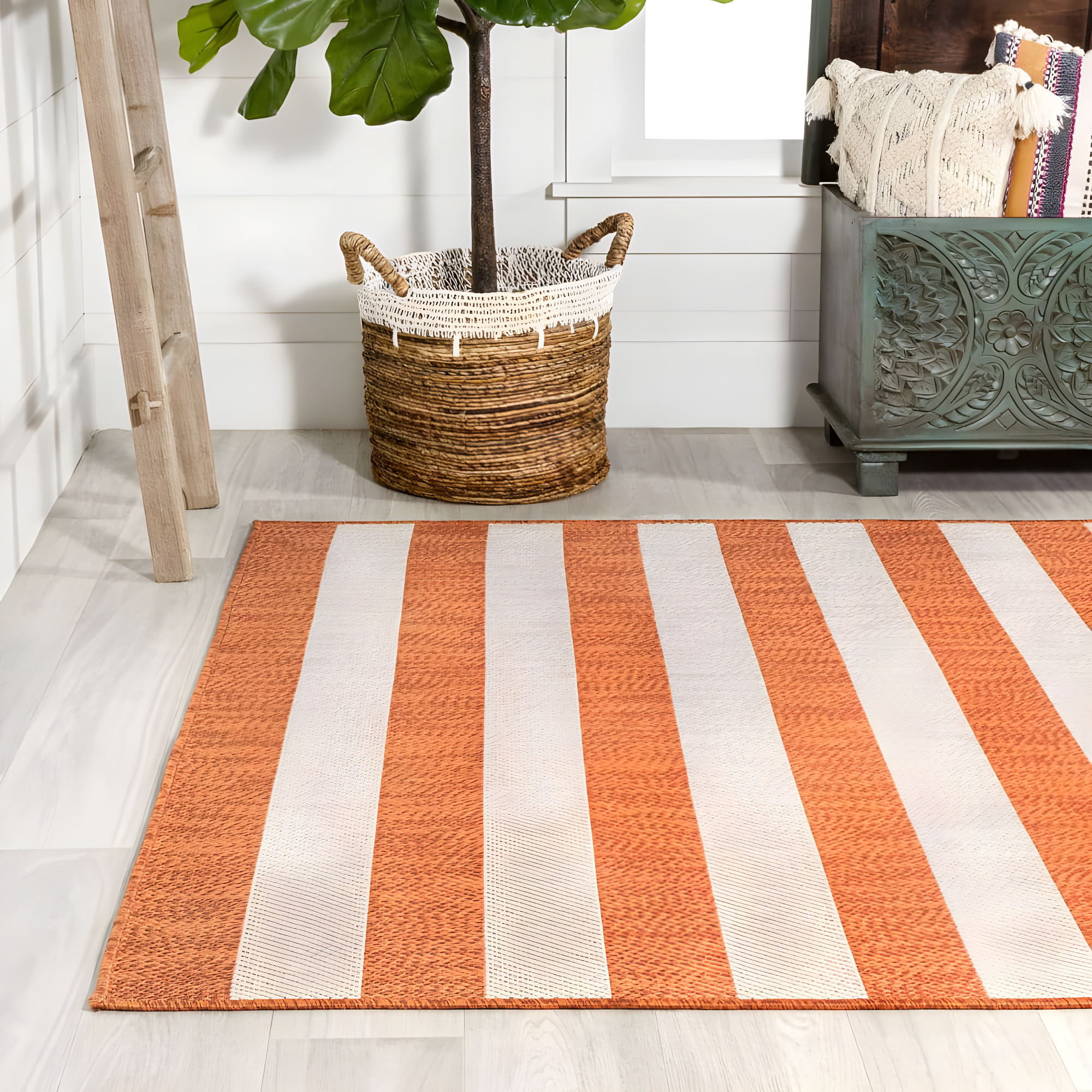 3' x 5' Negril Two-Tone Wide Stripe Indoor/Outdoor Area Rug, Orange/Beige - JONATHAN Y