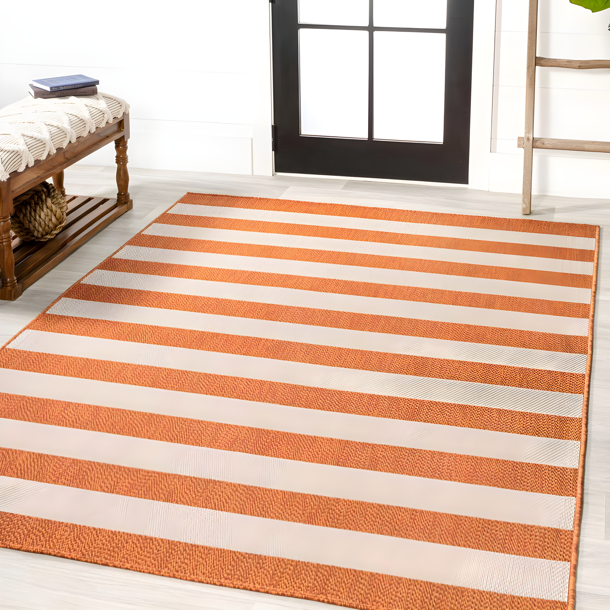 3' x 5' Negril Two-Tone Wide Stripe Indoor/Outdoor Area Rug, Orange/Beige - JONATHAN Y