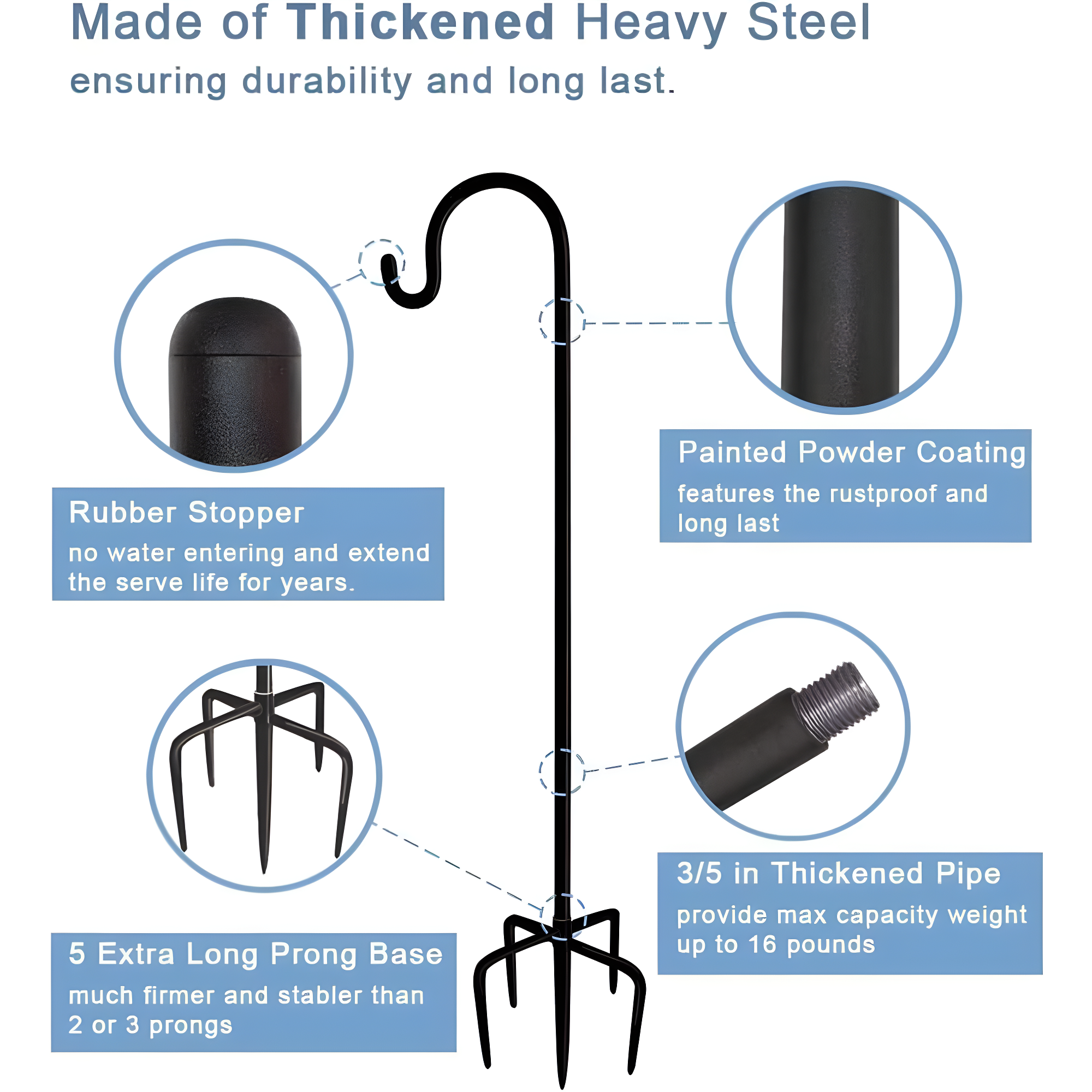 76 inch Outdoor Shepherd Hook with 5 Prong Base (2 Packs), Adjustable Heavy Duty Garden Hanging Stake for Bird Feeder Solar Light Plant Hanger Wedding Decor, Matte Black