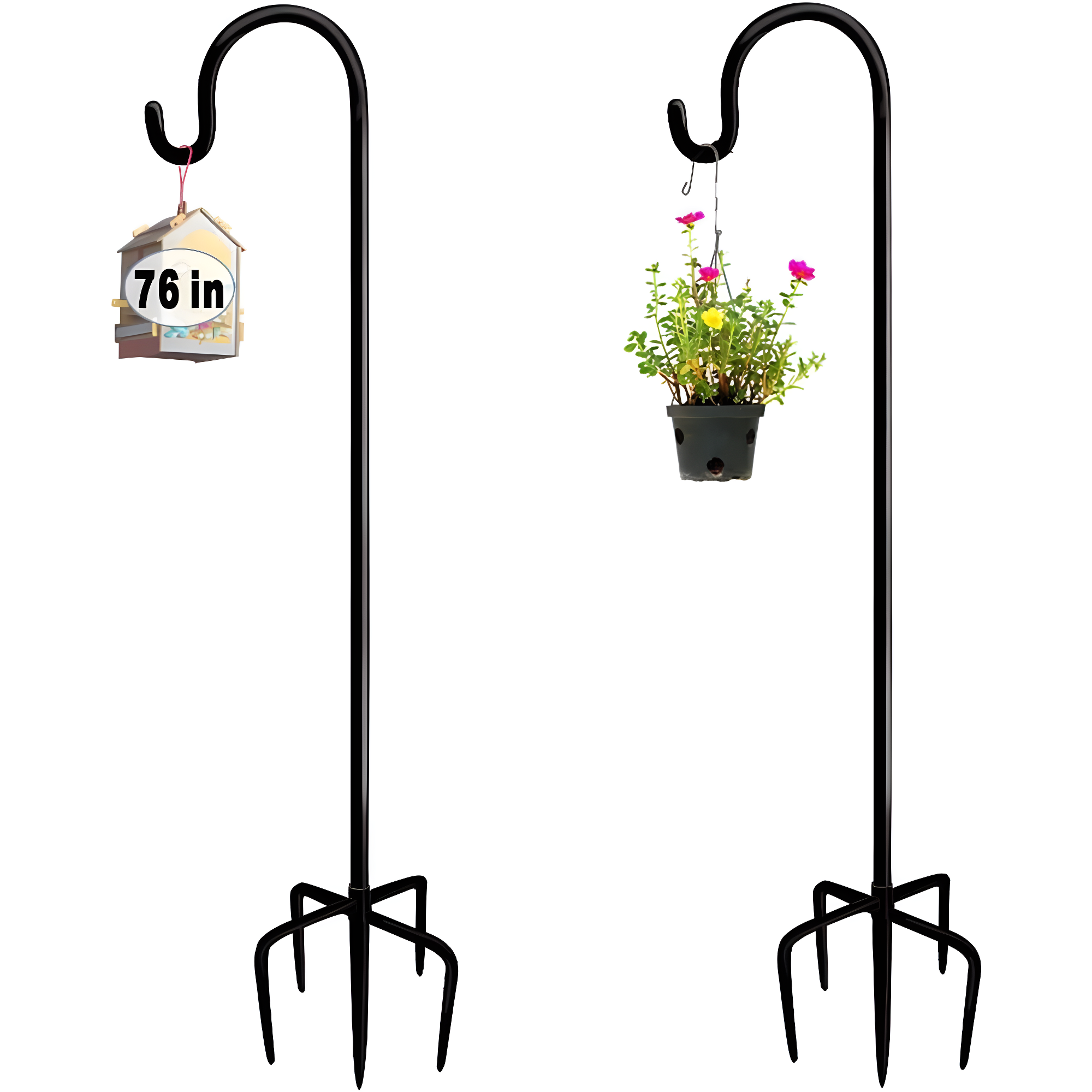 76 inch Outdoor Shepherd Hook with 5 Prong Base (2 Packs), Adjustable Heavy Duty Garden Hanging Stake for Bird Feeder Solar Light Plant Hanger Wedding Decor, Matte Black
