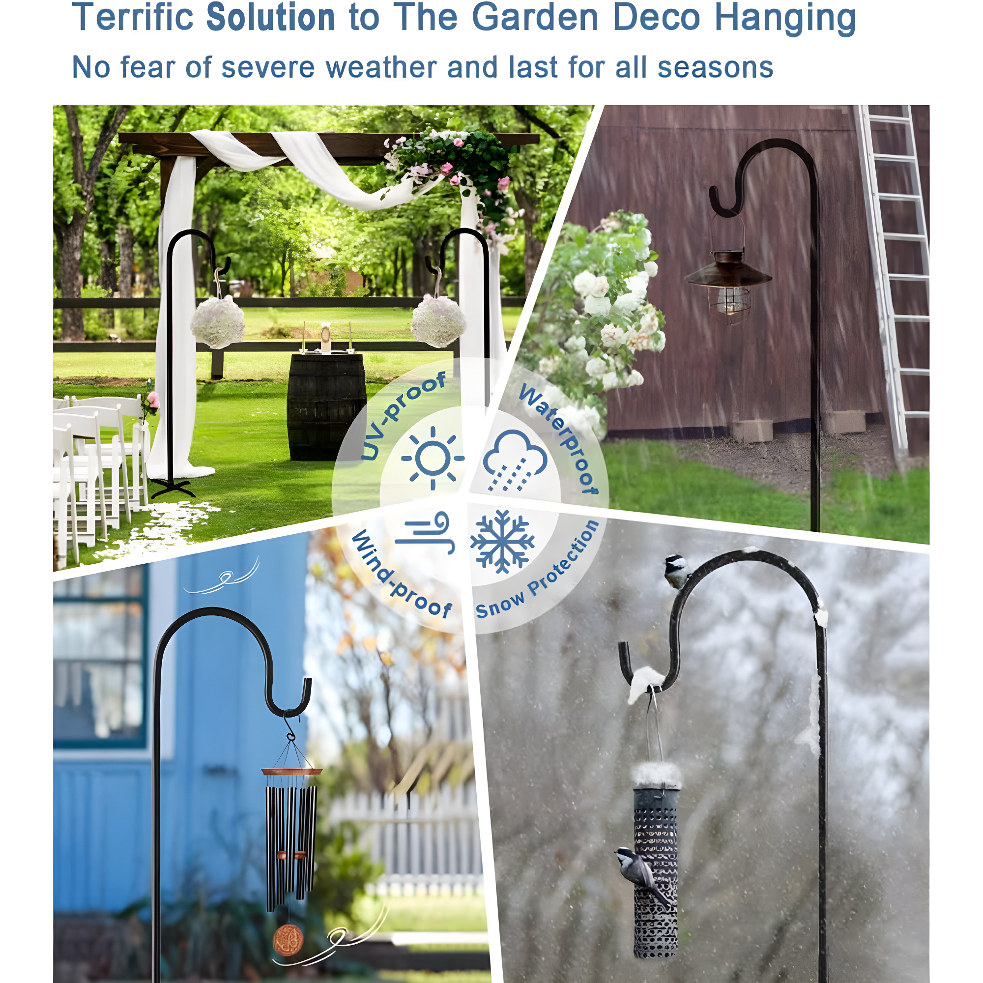 76 inch Outdoor Shepherd Hook with 5 Prong Base (2 Packs), Adjustable Heavy Duty Garden Hanging Stake for Bird Feeder Solar Light Plant Hanger Wedding Decor, Matte Black