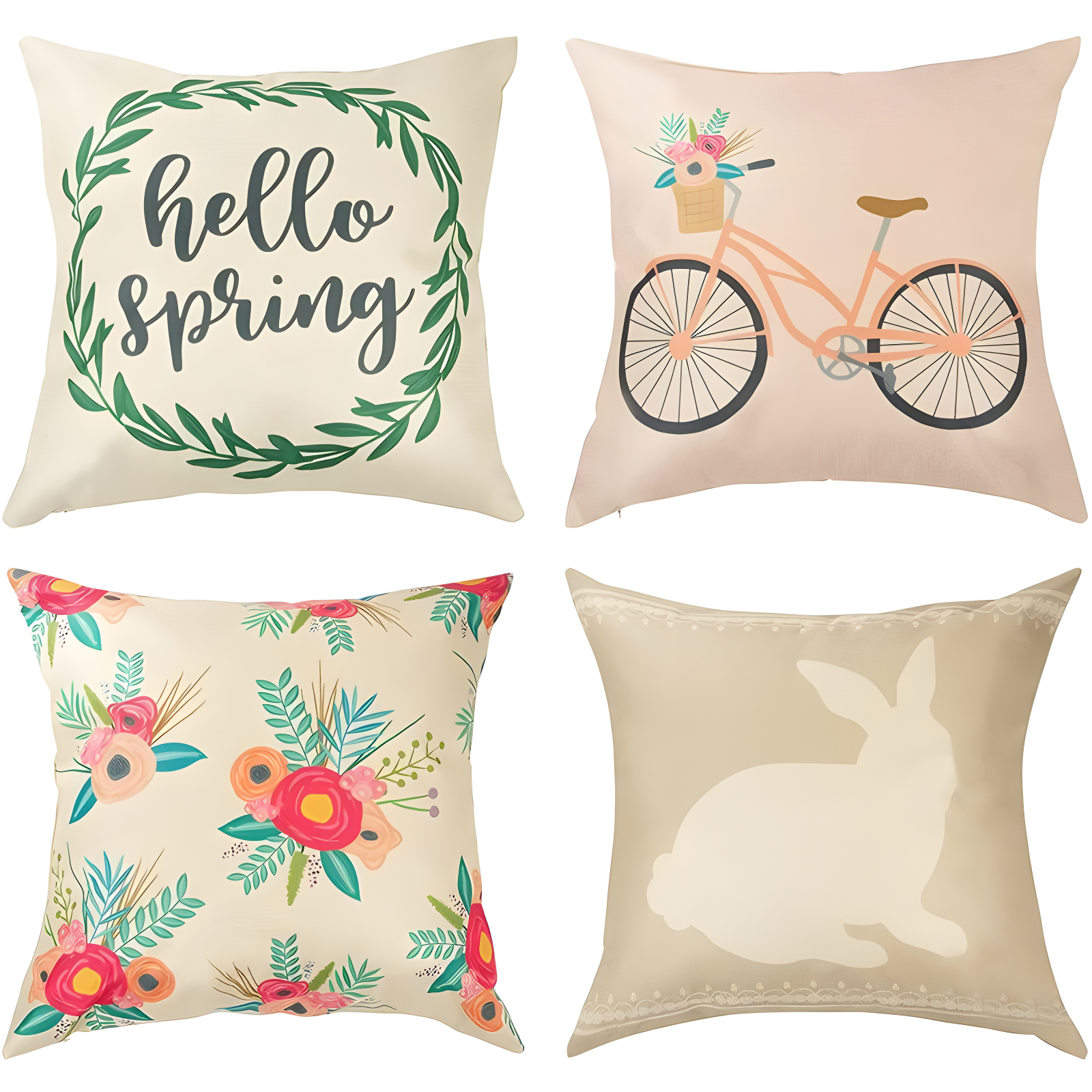 Juvale Set of 4 Happy Spring Decorative Pillow Case Cushion Covers for Easter, 4 Designs, 17 x 17 in