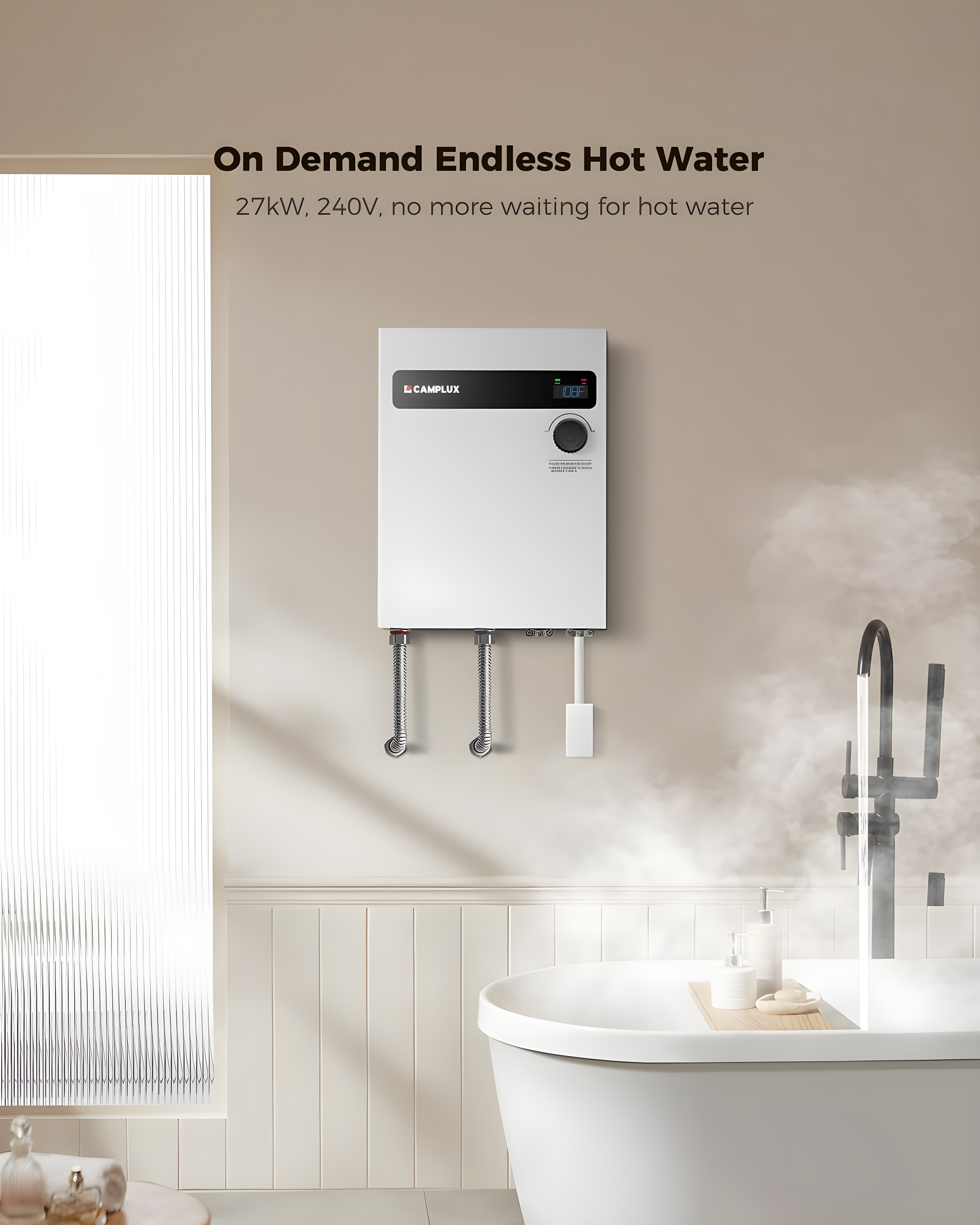 CAMPLUX 27KW 240V Electric Tankless Water Heater , Instant Hot Water Heater