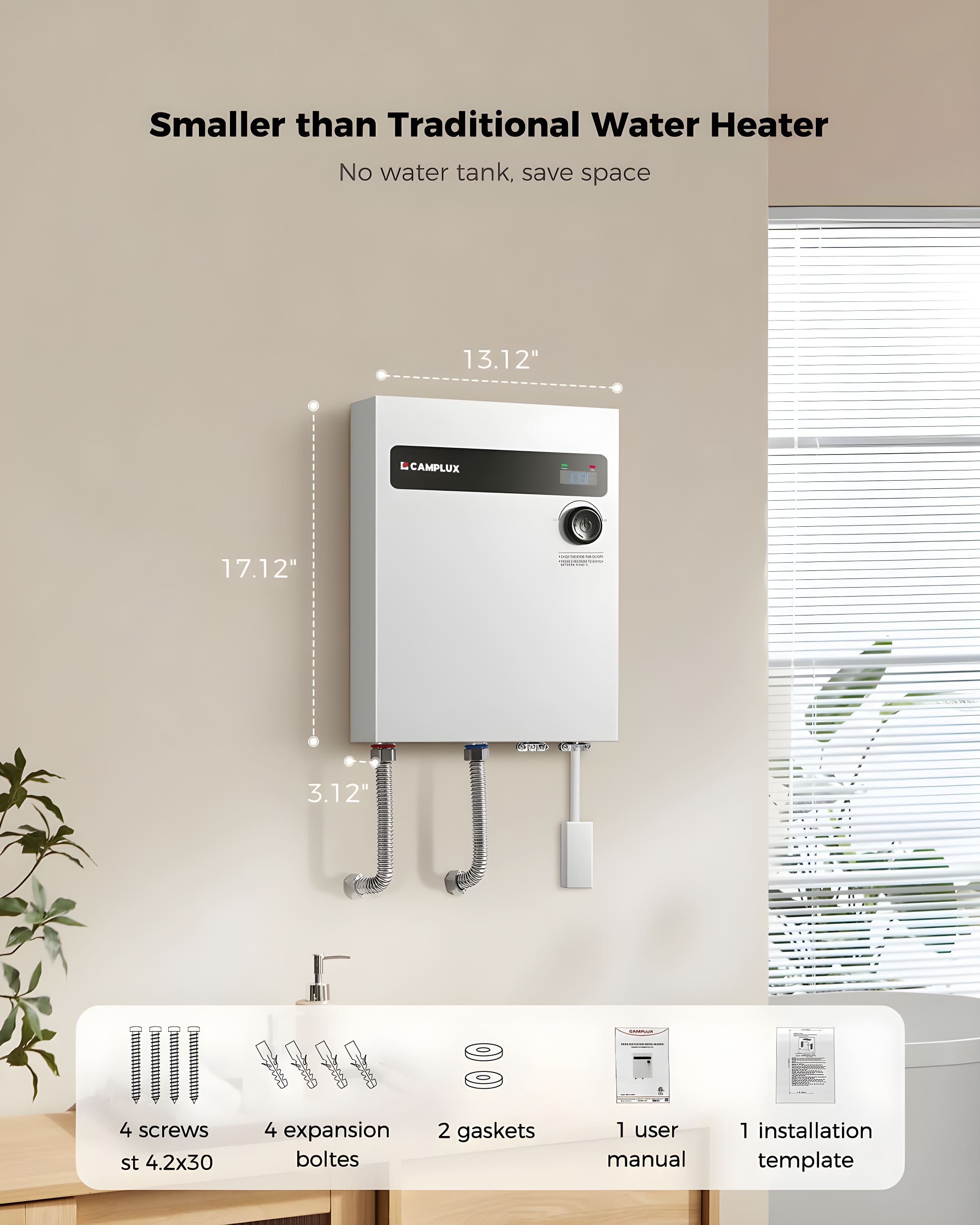 CAMPLUX 27KW 240V Electric Tankless Water Heater , Instant Hot Water Heater