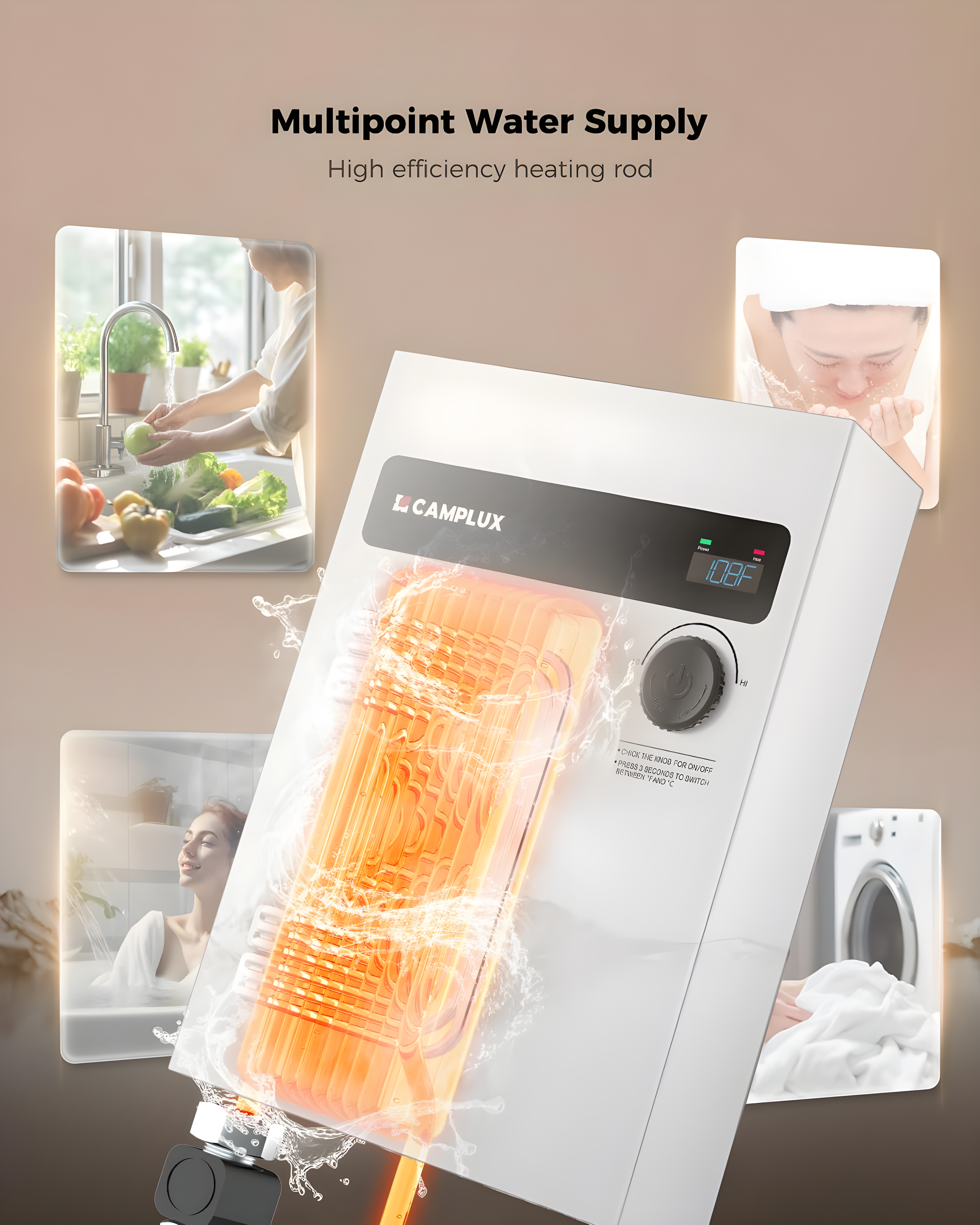 CAMPLUX 27KW 240V Electric Tankless Water Heater , Instant Hot Water Heater