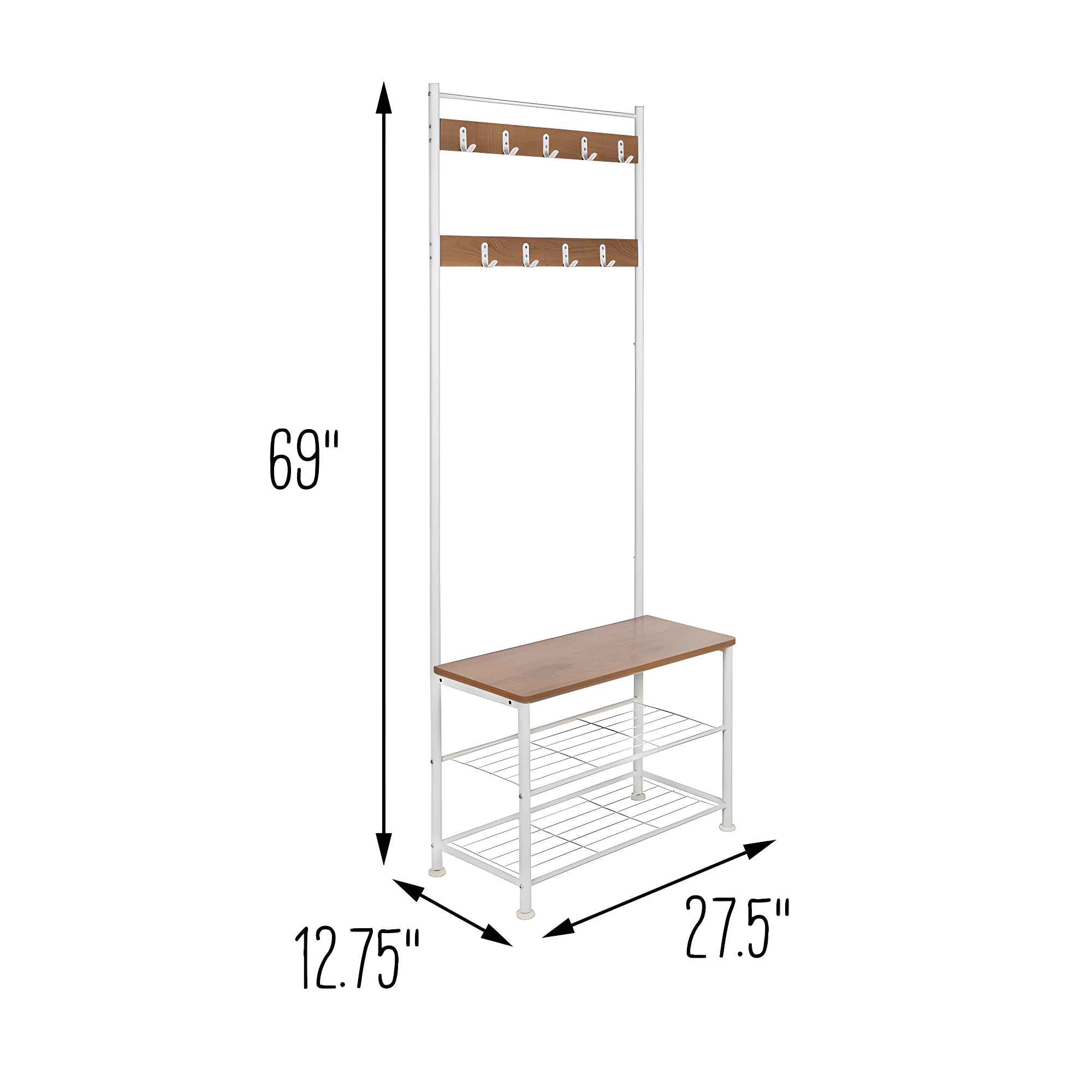 Honey-Can-Do Steel and MDF Freestanding Entryway Hall Tree with 9 Hooks and Shoe Storage Bench, White/Natural