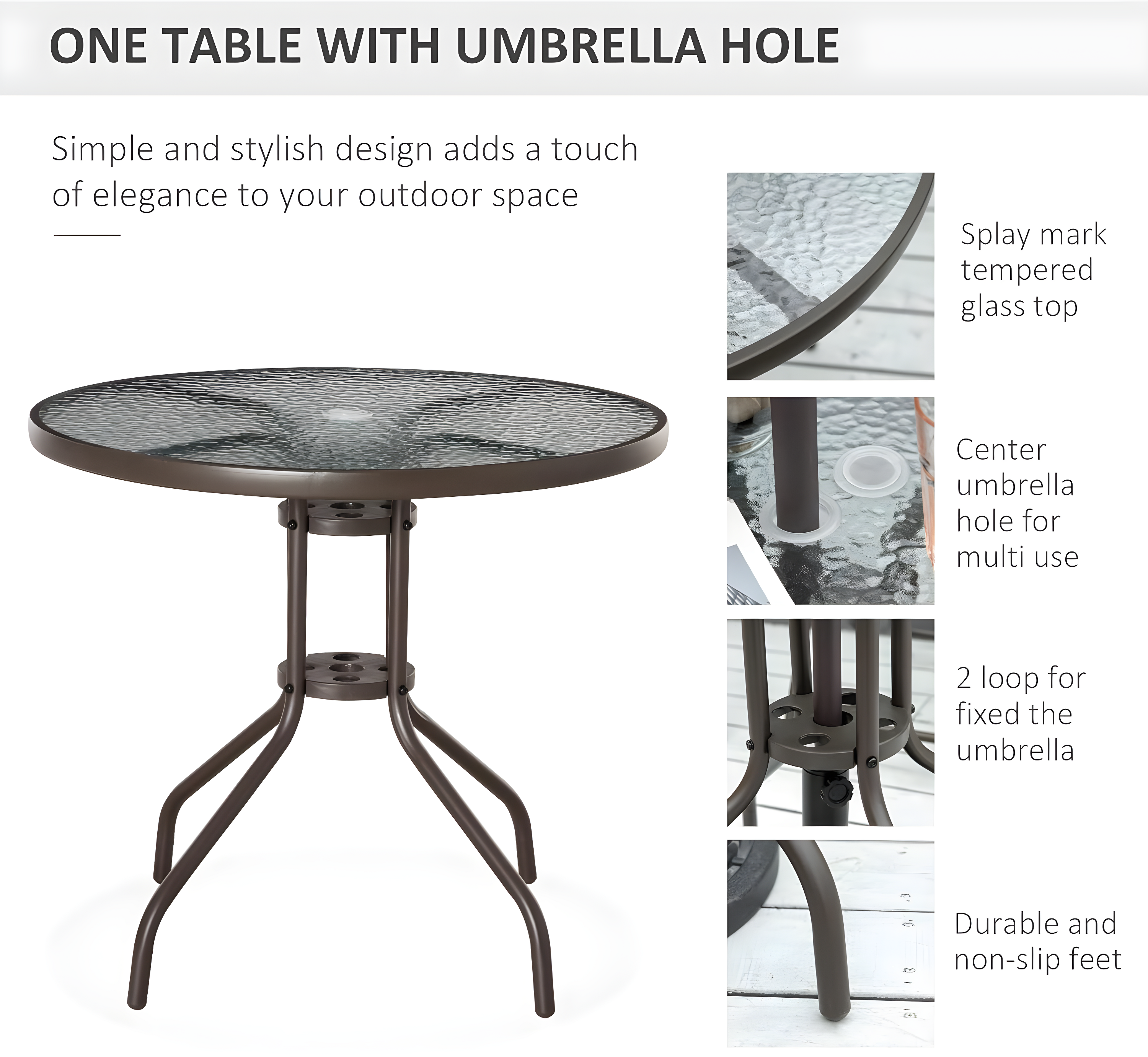 Outsunny 6 Piece Patio Dining Set for 4 with Umbrella, 4 Folding Dining Chairs & Round Glass Table for Garden, Backyard, and Poolside, Gray