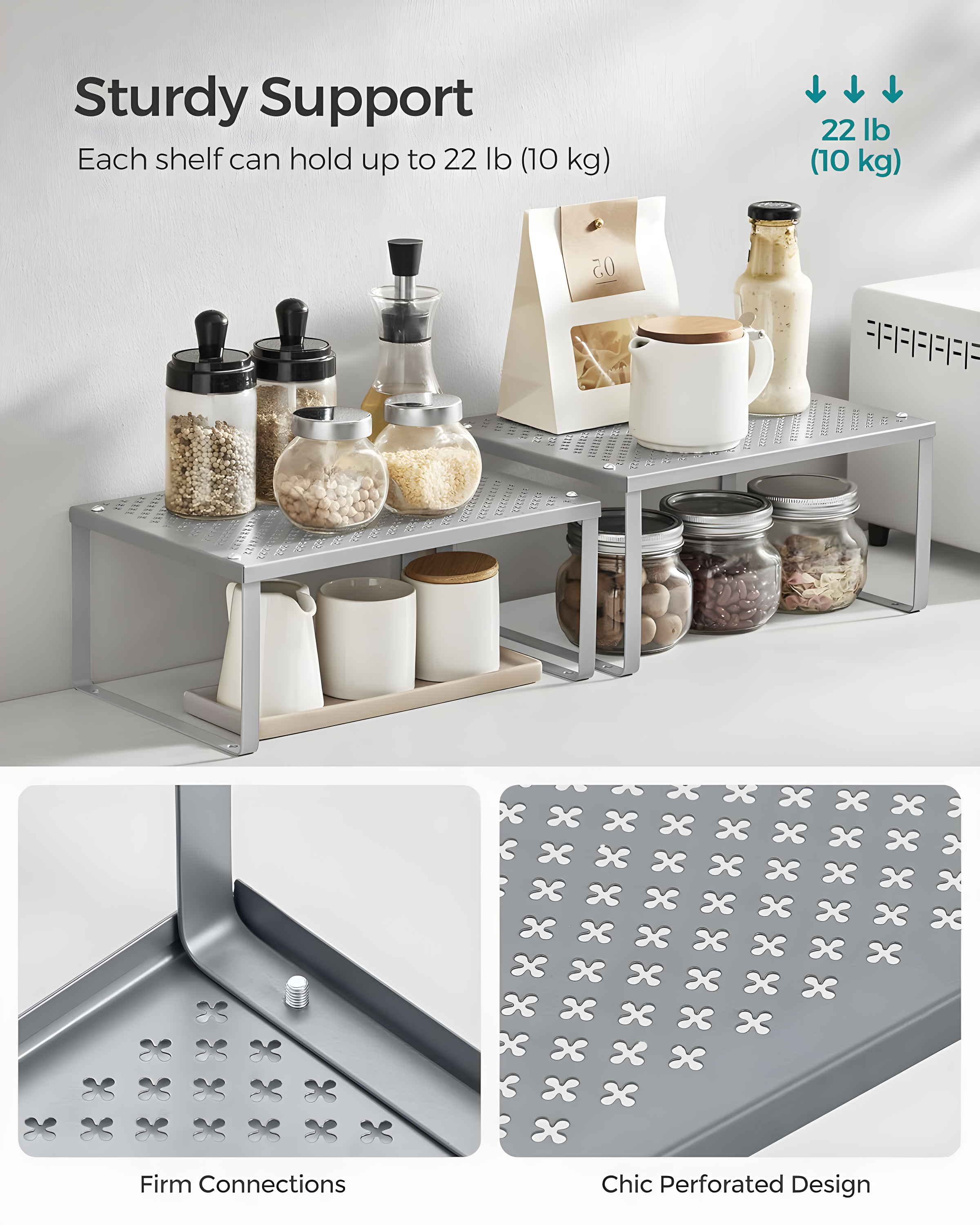 2 Pack Cabinet Organizers Shelf, Kitchen Counter Shelves, Metal Spice Rack, Kitchen Storage, Stackable, Expandable, Silver