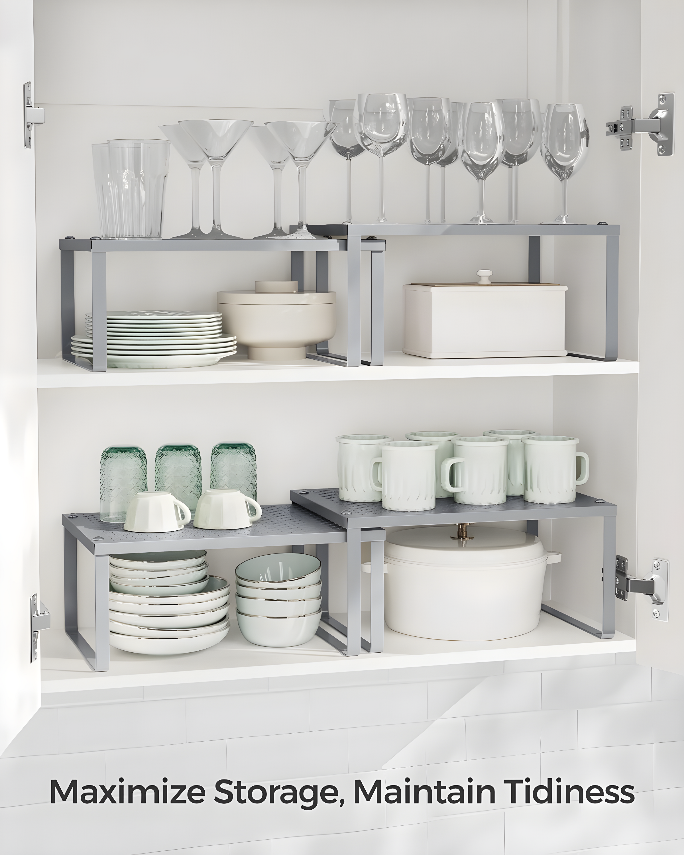 2 Pack Cabinet Organizers Shelf, Kitchen Counter Shelves, Metal Spice Rack, Kitchen Storage, Stackable, Expandable, Silver