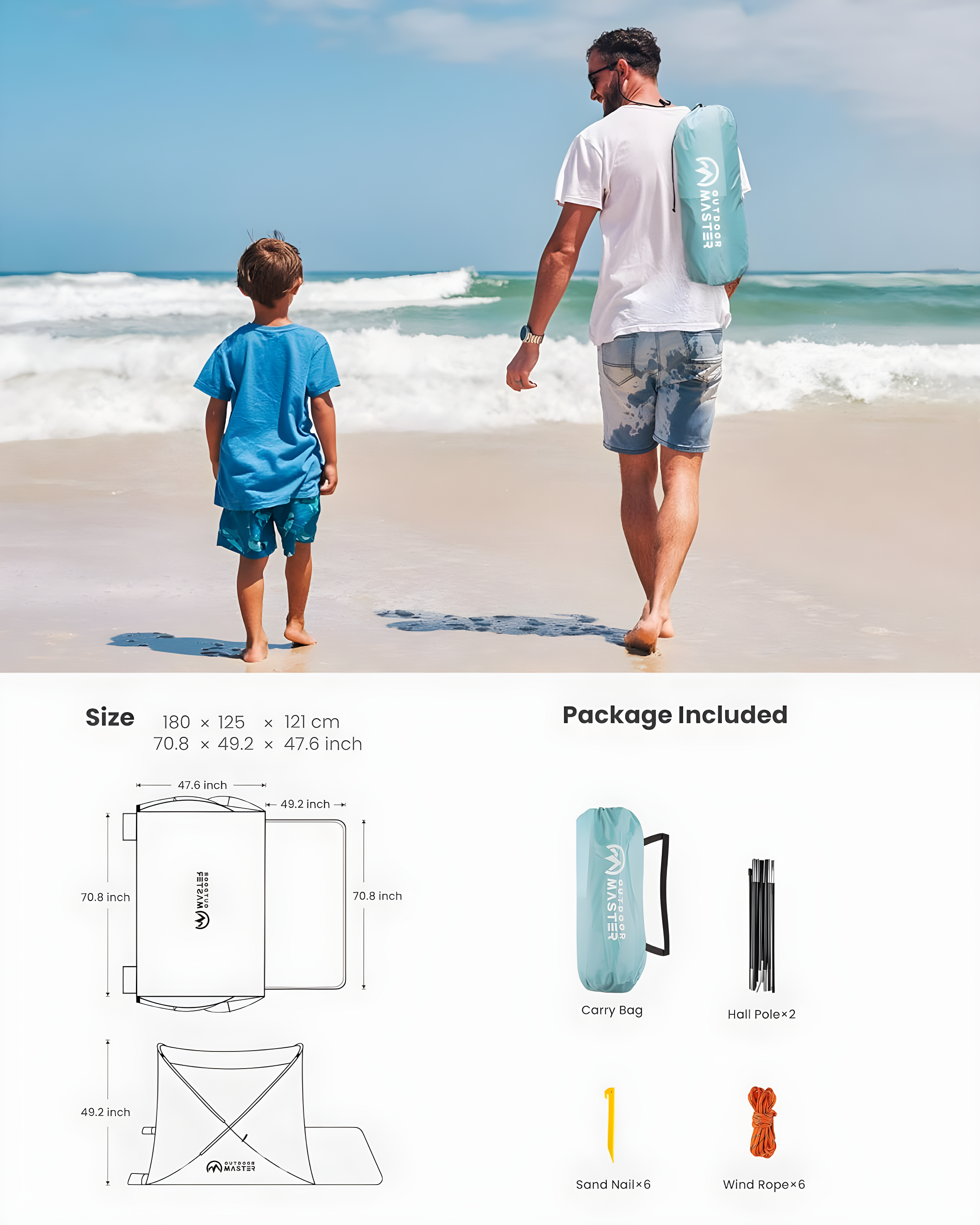 OutdoorMaster Beach Tent for 3-4 Person - Easy Setup and Portable Beach Shade Sun Shelter Canopy with UPF 50+ UV Protection Removable Skylight Family Size-Green
