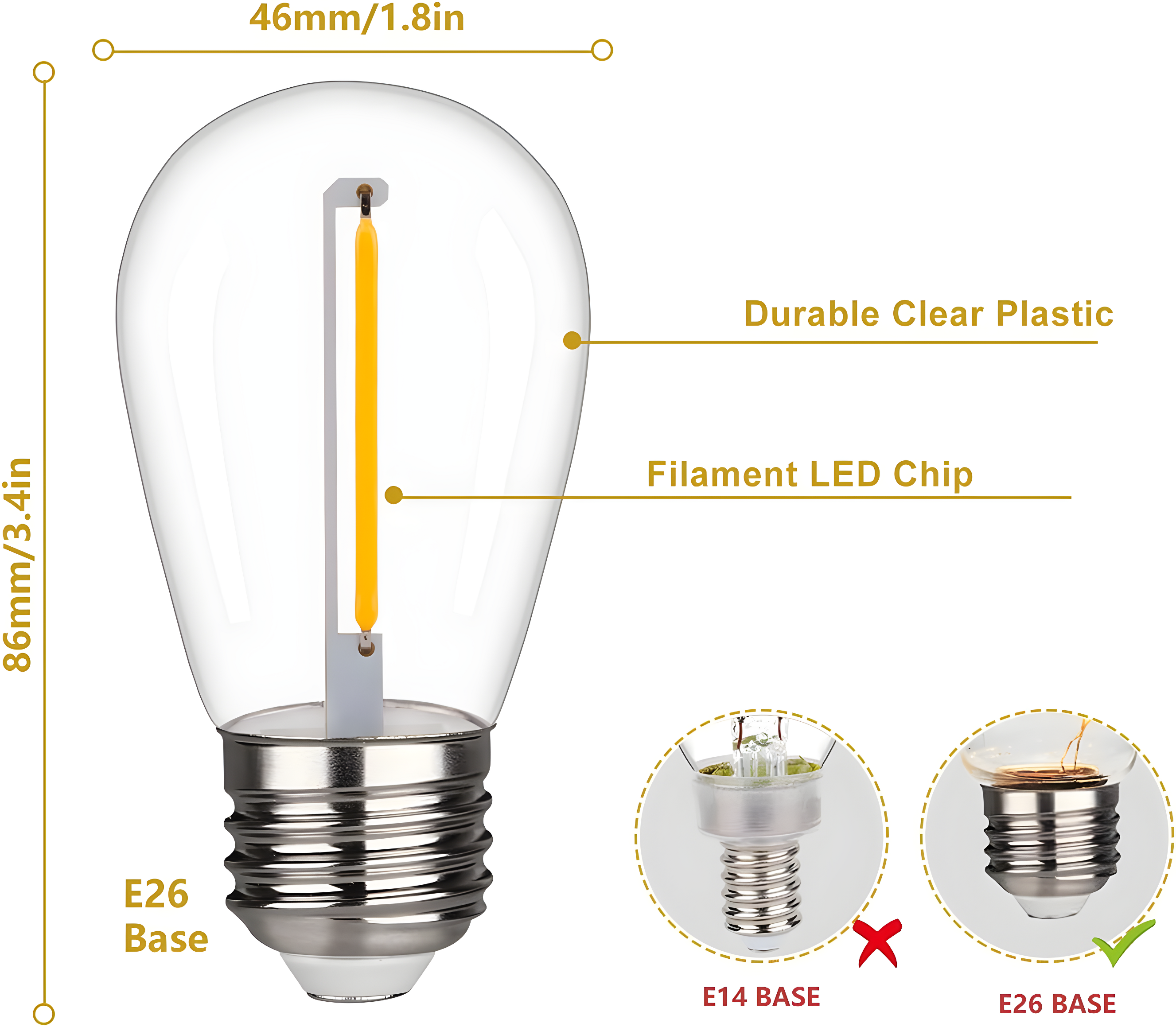 Svater Replacement Bulbs for Outdoor String Lights, 15 Pack S14 LED Bulbs for Patio, E26 Base 1W Bulb Equal to 11W Incandescent, Dimmable,Shatterproof 2700K Warm White