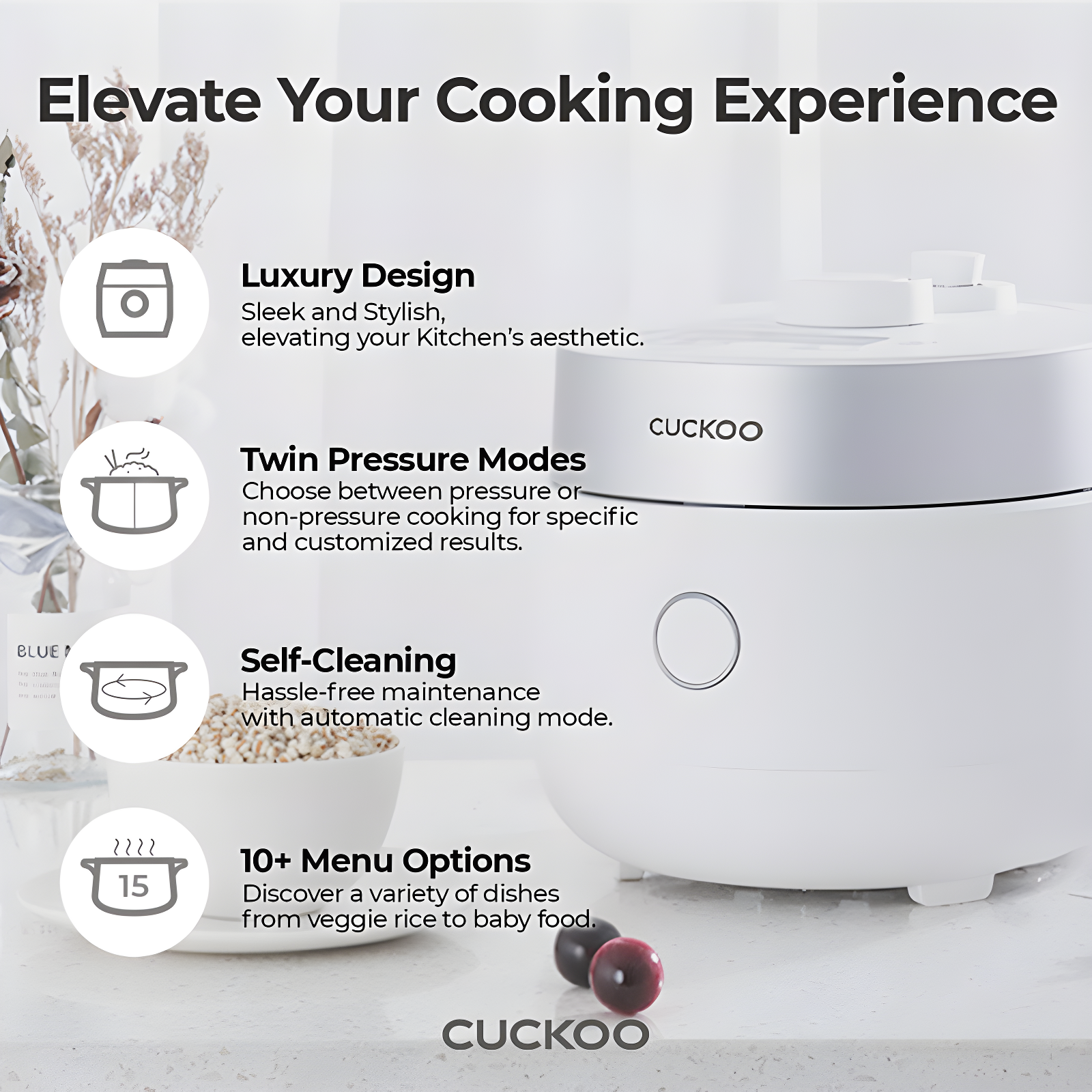 Cuckoo Electronics CUCKOO CRP-MHTR0309F 3-Cup (Uncooked) / 6-Cup (Cooked) Induction Heating Twin Pressure Rice Cooker & Warmer with Nonstick Inner Pot, 15 Menu Modes, 3 Voice Guide, Auto Clean (White)