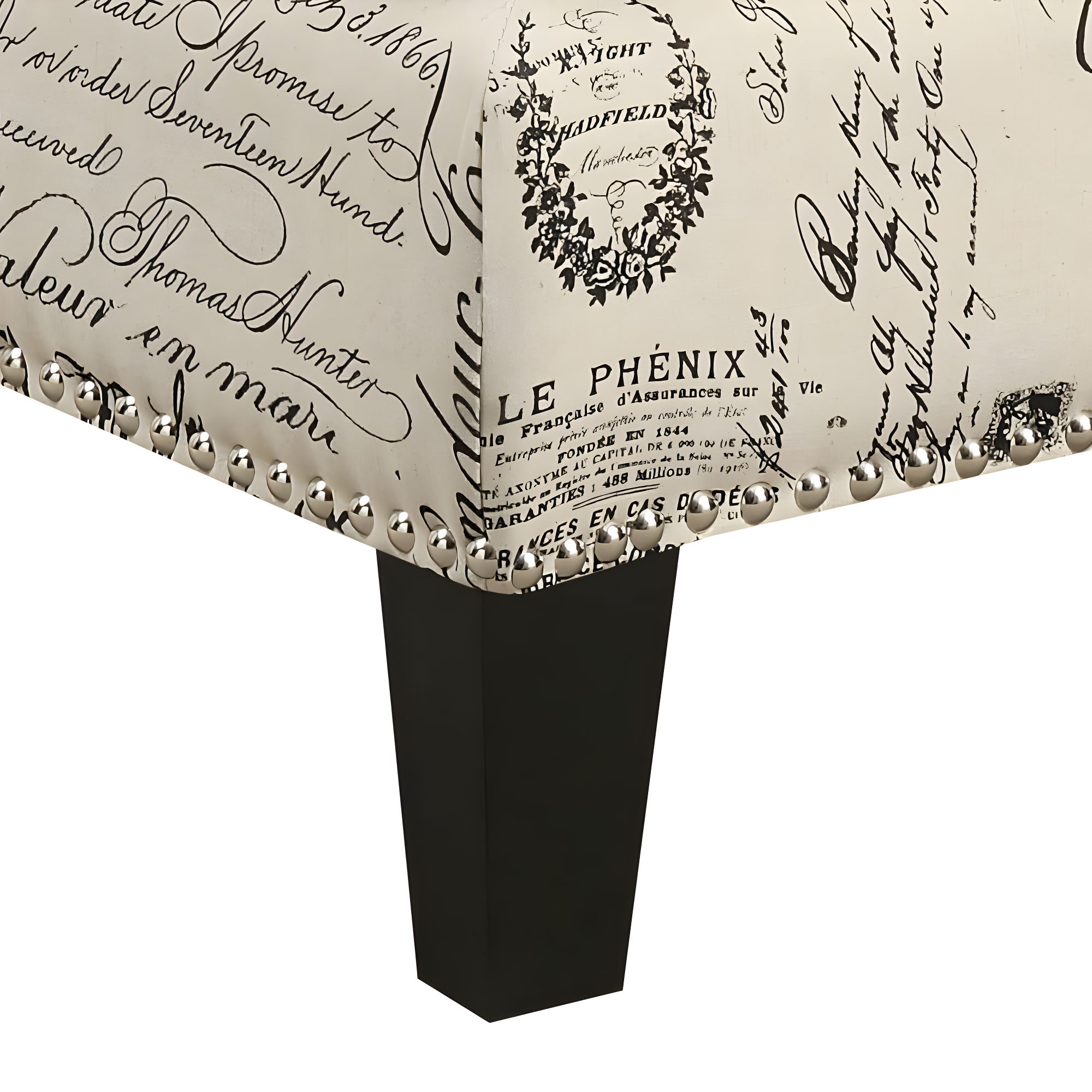 Emery Ottoman French Script - Picket House Furnishings: Contemporary Nailhead Trim, Polyester Upholstery, Plywood Frame