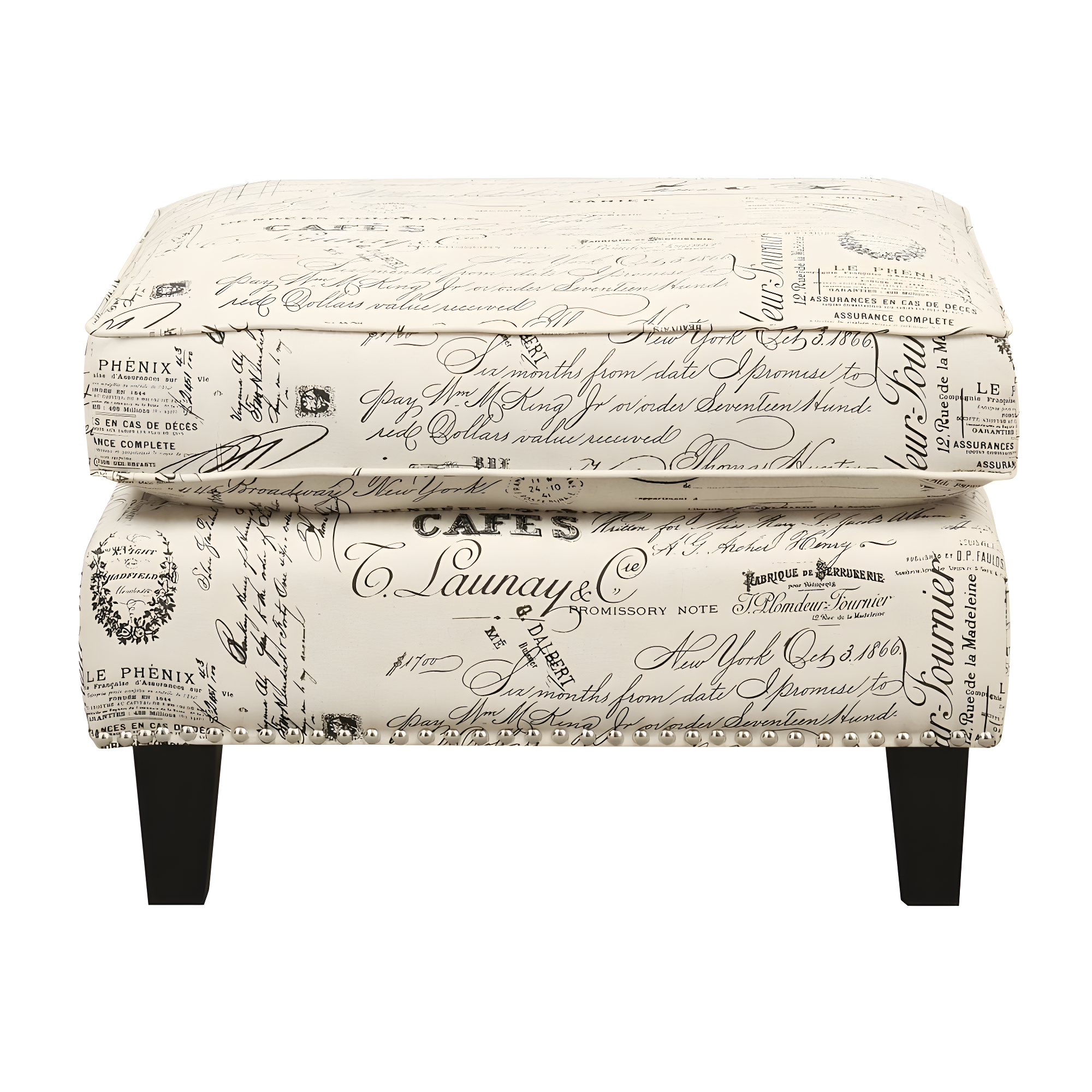 Emery Ottoman French Script - Picket House Furnishings: Contemporary Nailhead Trim, Polyester Upholstery, Plywood Frame